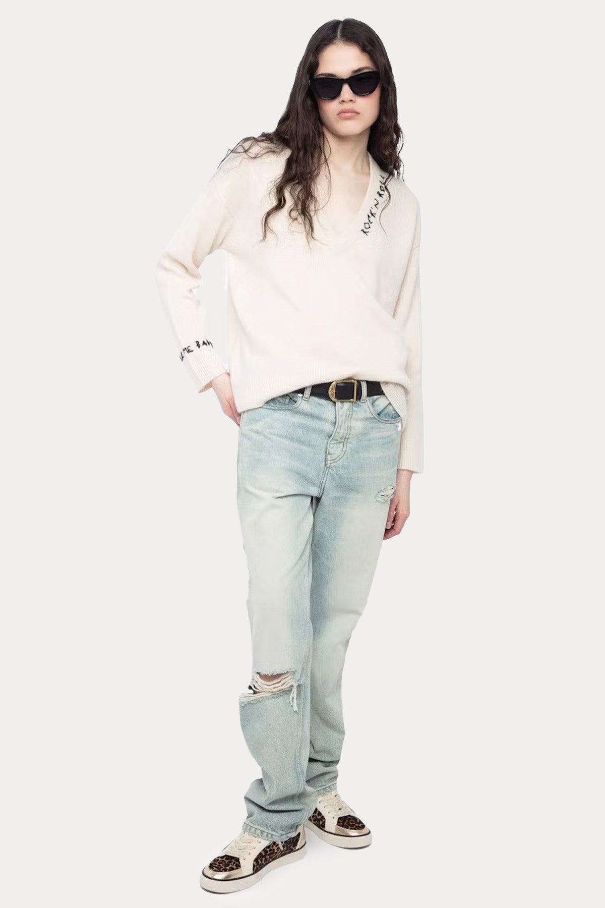 Zadig & Voltaire Comfort Fit V Yaka İnce Örgü Nakış Logolu Kaşmir Triko