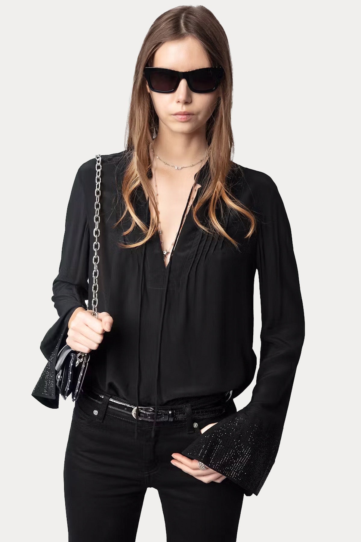 Zadig & Voltaire Regular Fit V Yaka Troklu Bluz