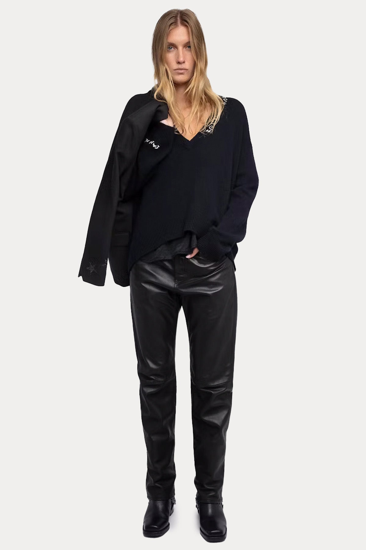 Zadig & Voltaire Comfort Fit V Yaka İnce Örgü Nakış Logolu Kaşmir Triko