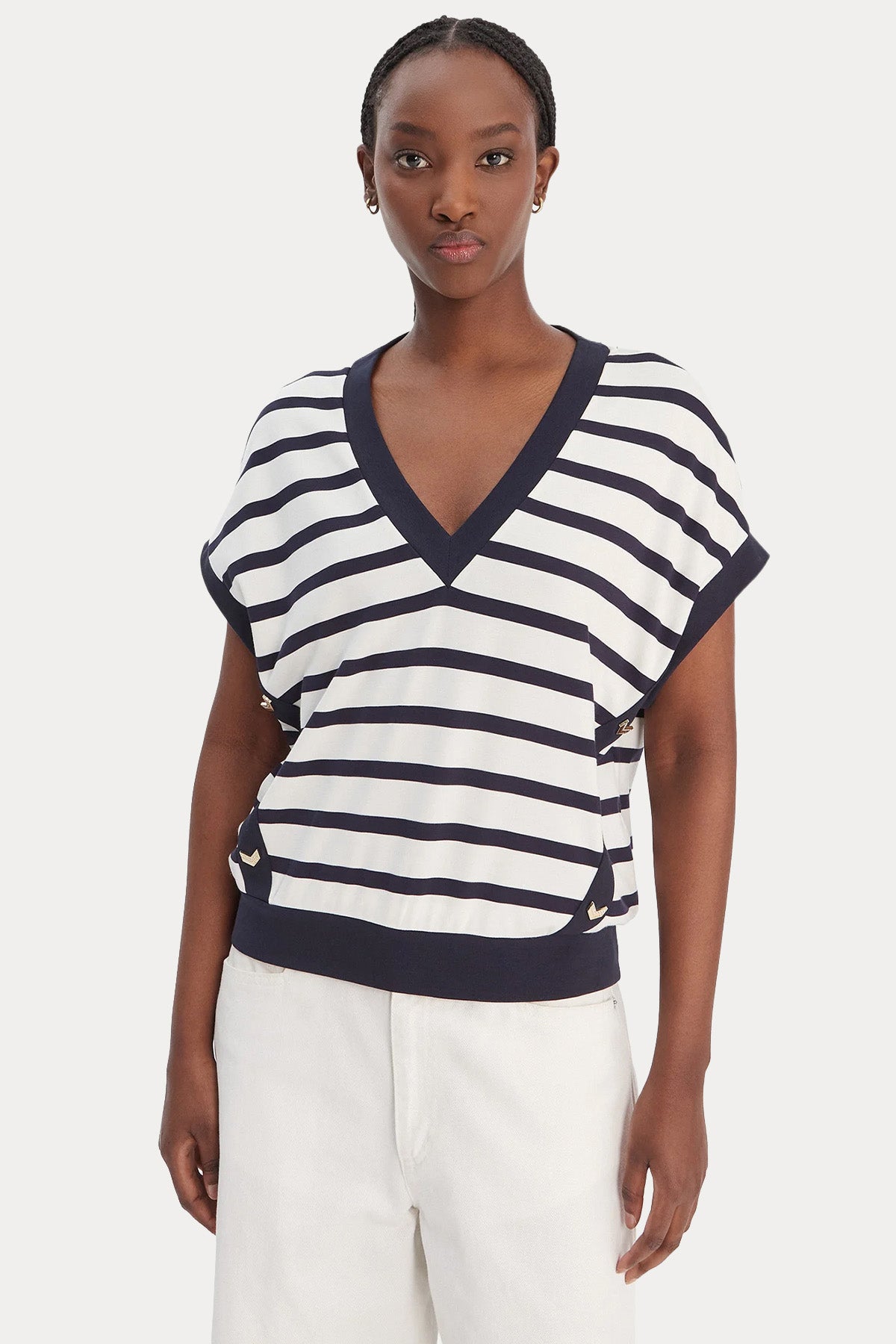 Liu Jo Comfort Fit V Yaka Çizgili Streç Bluz