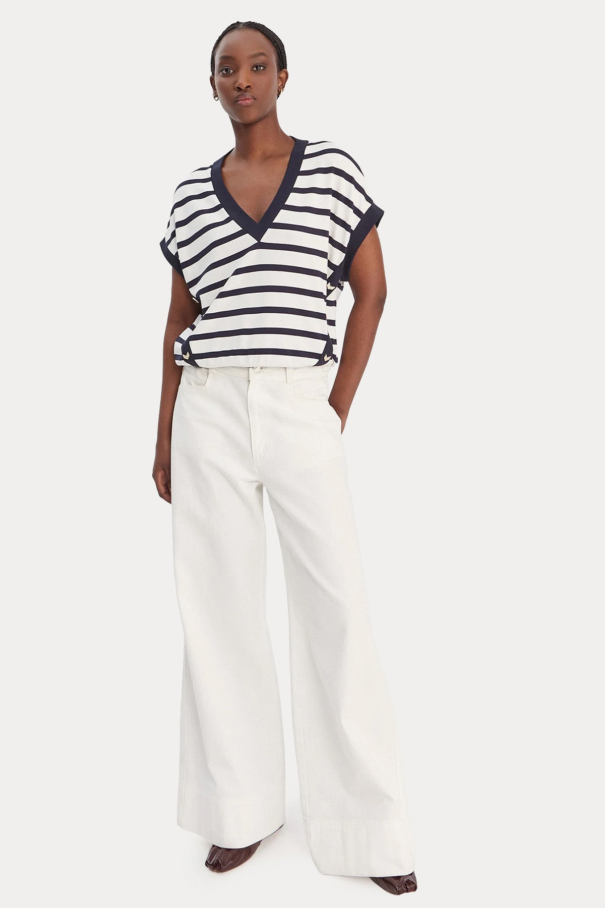 Liu Jo Comfort Fit V Yaka Çizgili Streç Bluz