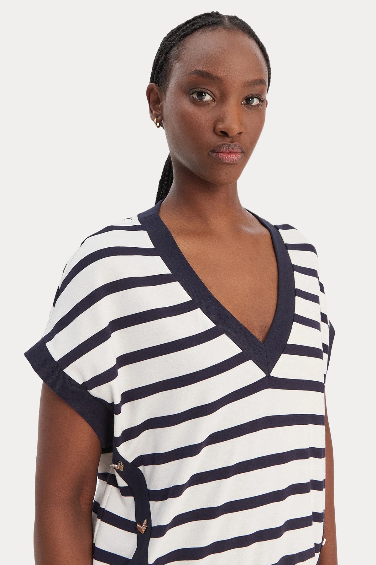 Liu Jo Comfort Fit V Yaka Çizgili Streç Bluz