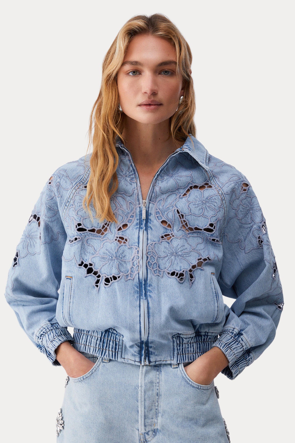 Liu Jo Loose Fit Nakış Desenli Bomber Denim Ceket-Ceket-Libas