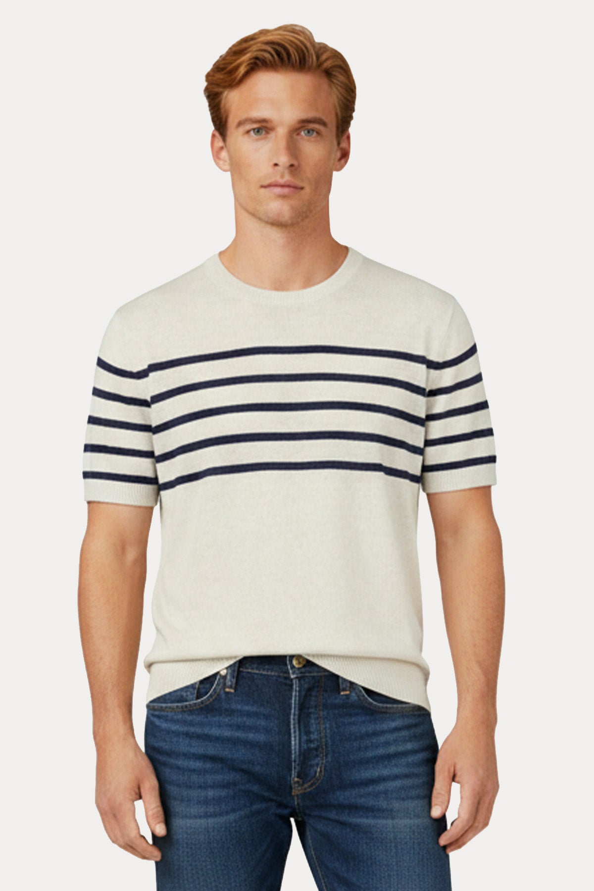 Gran Sasso Regular Fit Yuvarlak Yaka Çizgili İnce Örgü Keten Triko