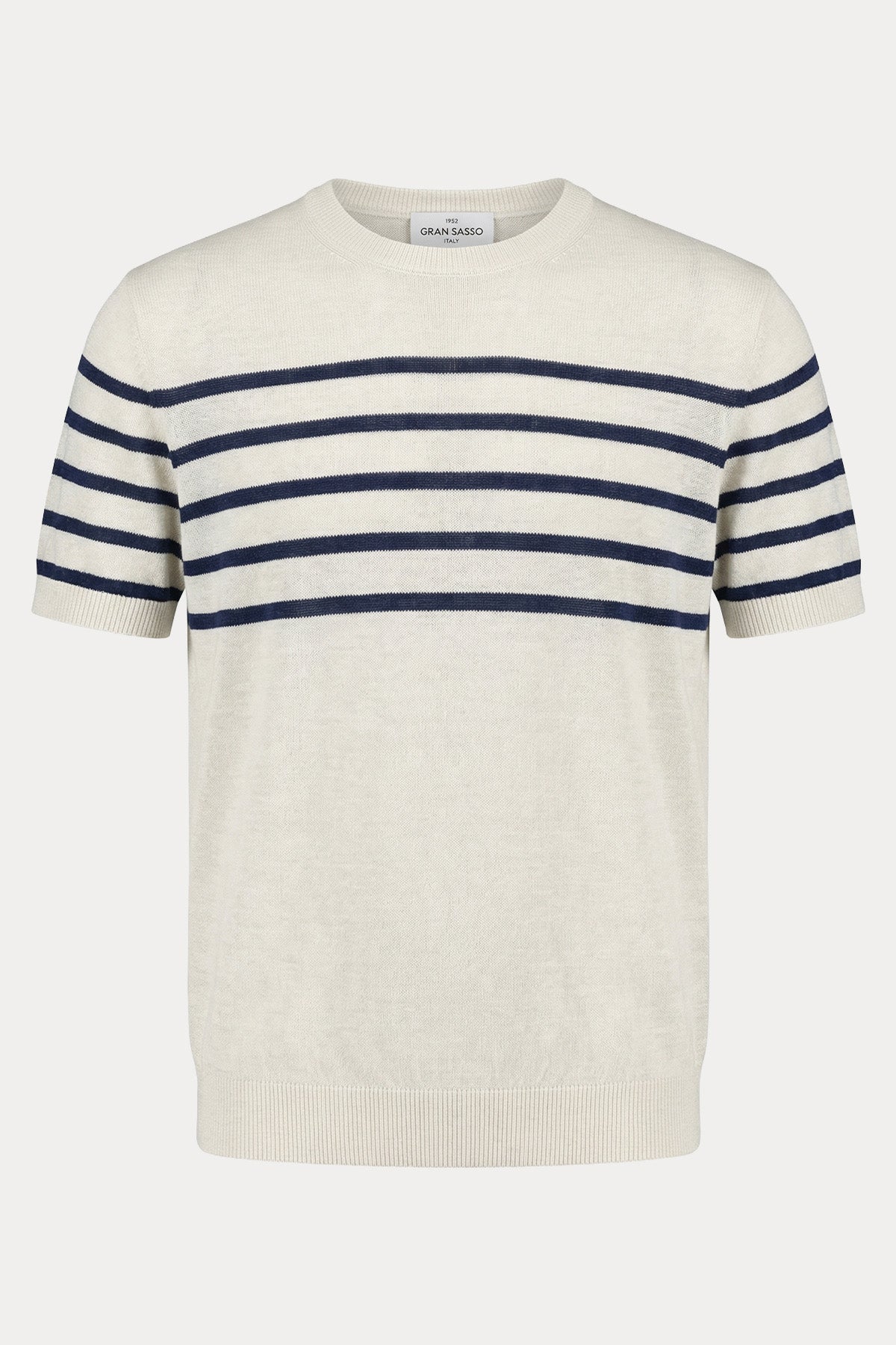 Gran Sasso Regular Fit Yuvarlak Yaka Çizgili İnce Örgü Keten Triko