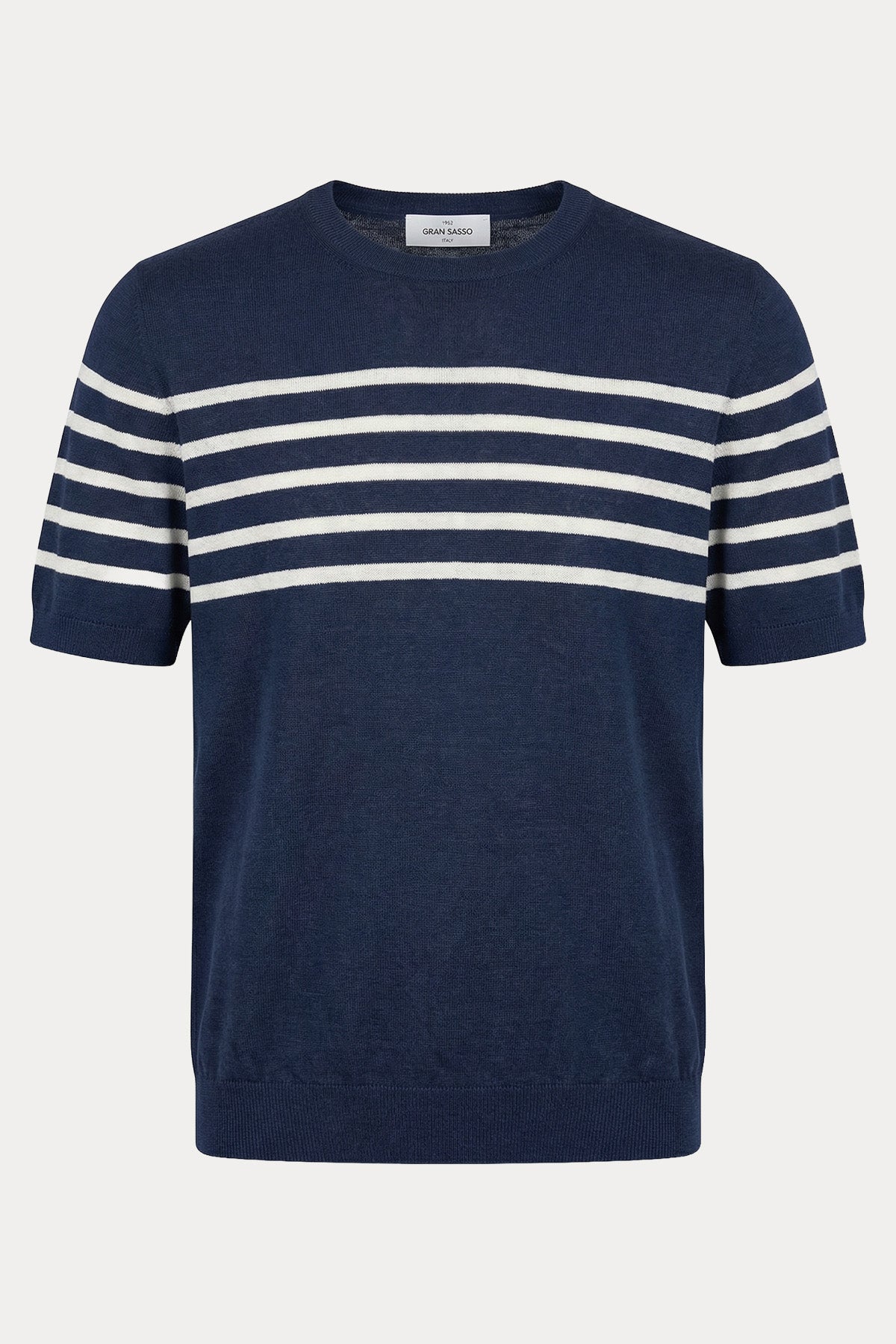 Gran Sasso Regular Fit Yuvarlak Yaka Çizgili İnce Örgü Keten Triko