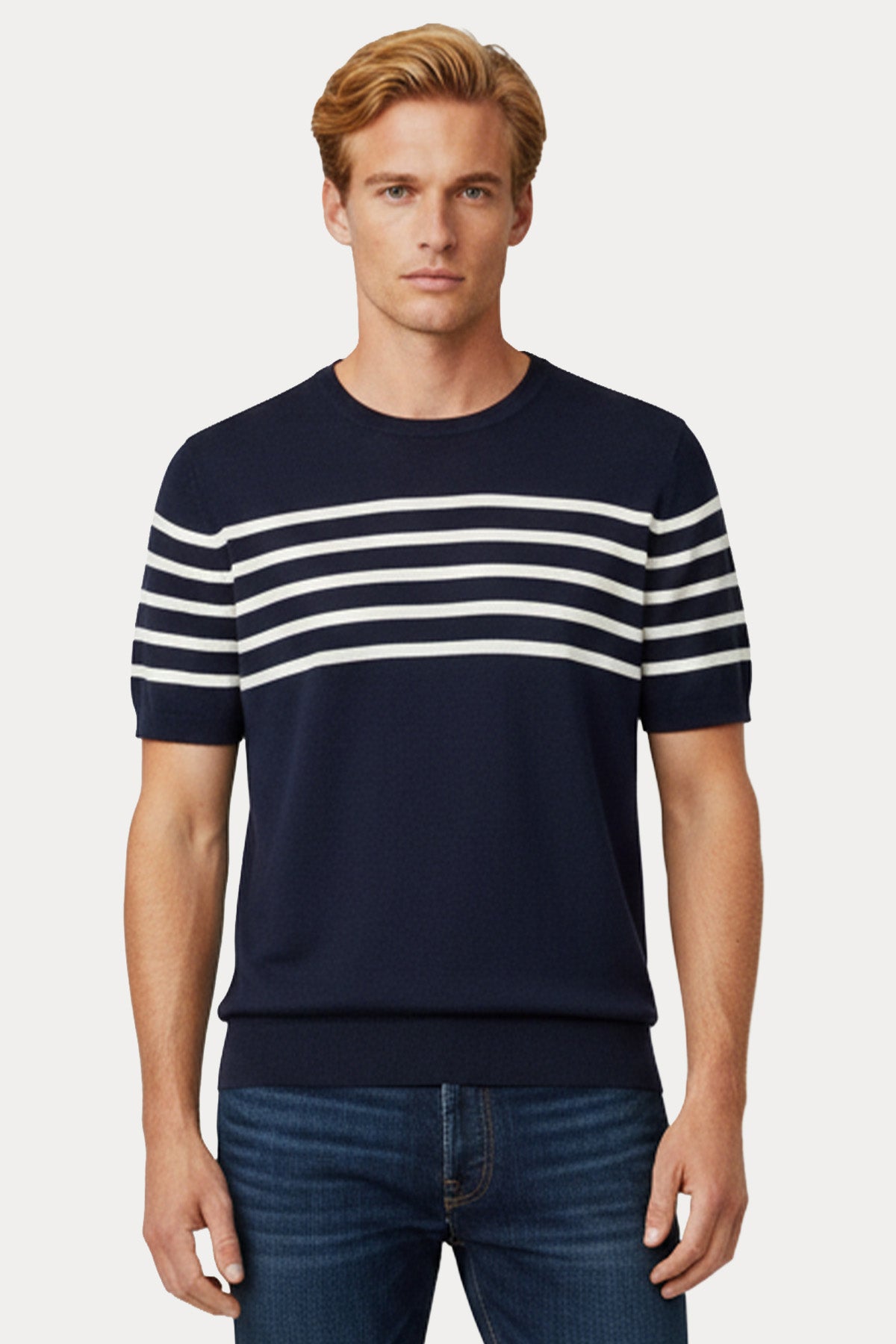 Gran Sasso Regular Fit Yuvarlak Yaka Çizgili İnce Örgü Keten Triko