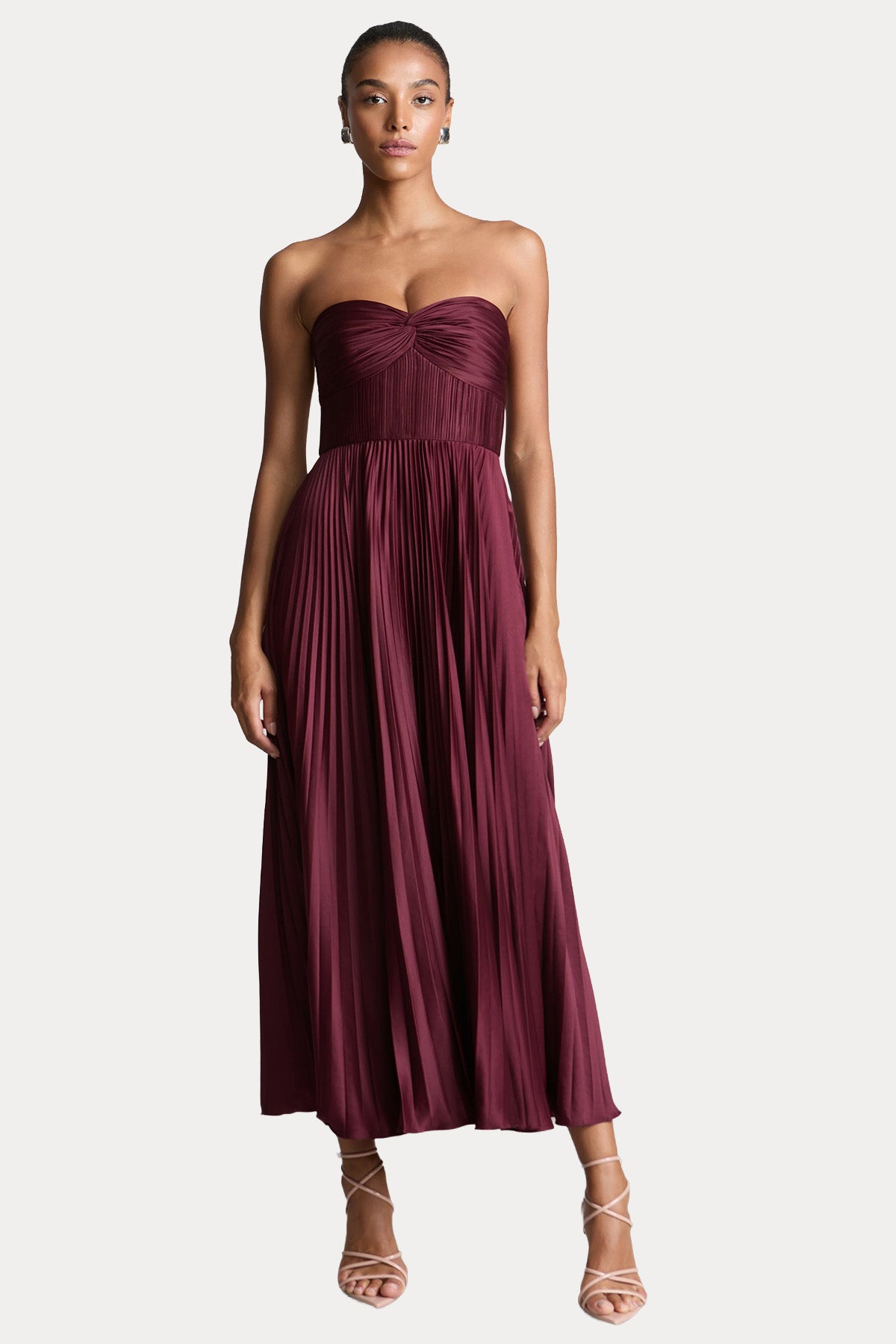 Amur Belle Straplez Pileli Midi Abiye Elbise