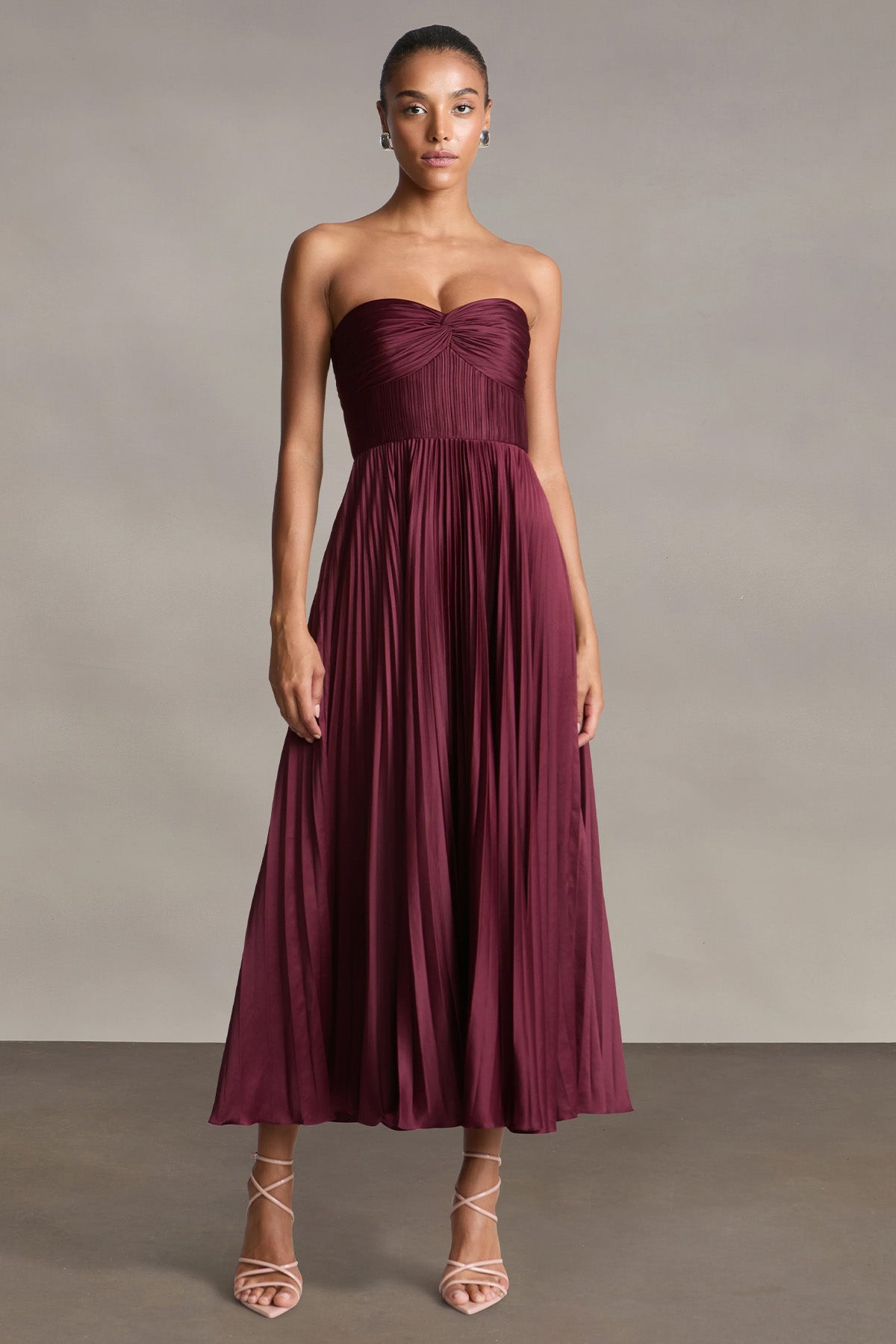 Amur Belle Straplez Pileli Midi Abiye Elbise