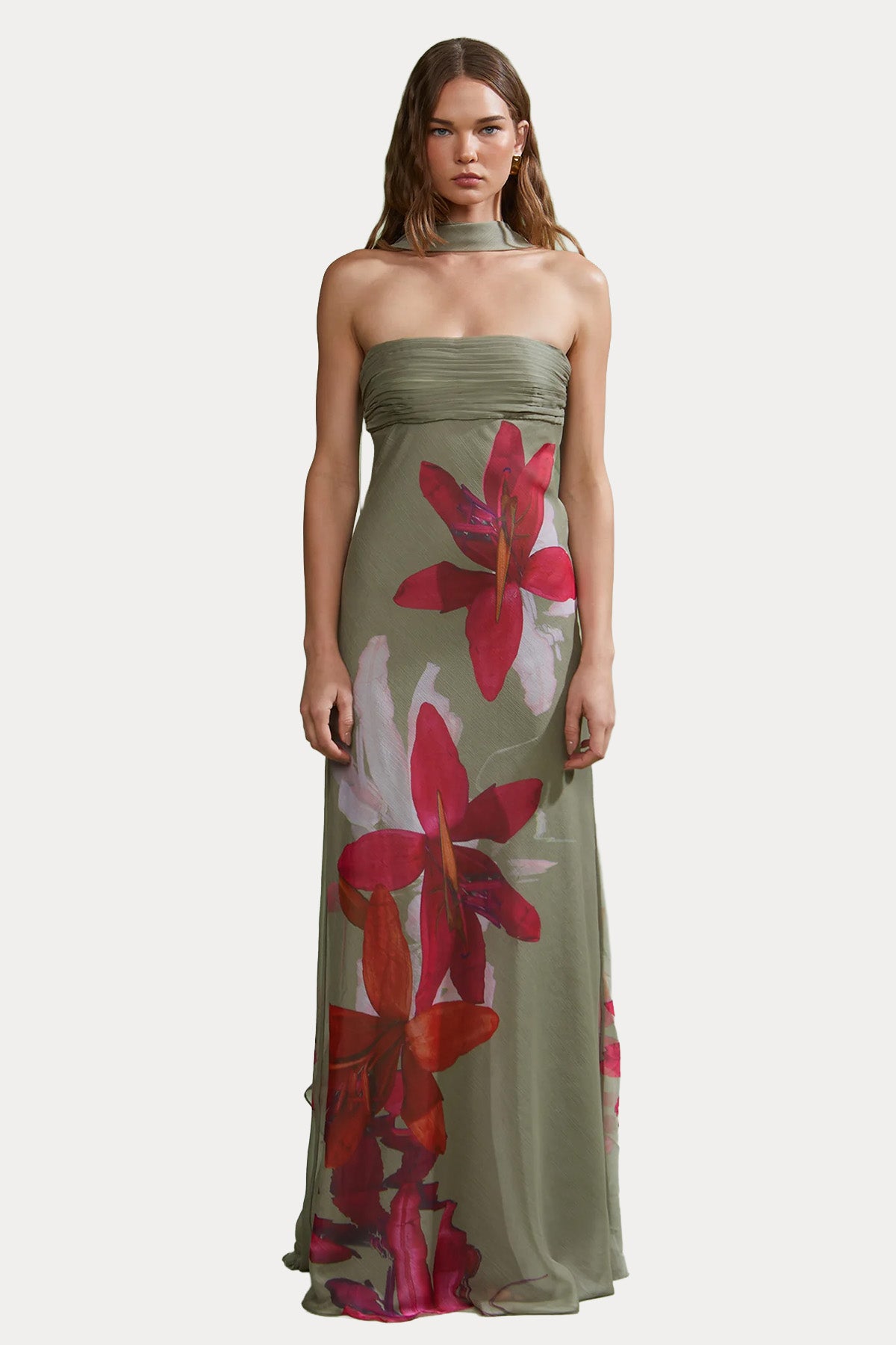 Amur Palma Verev Kesim Şal Detaylı Maxi Abiye Elbise