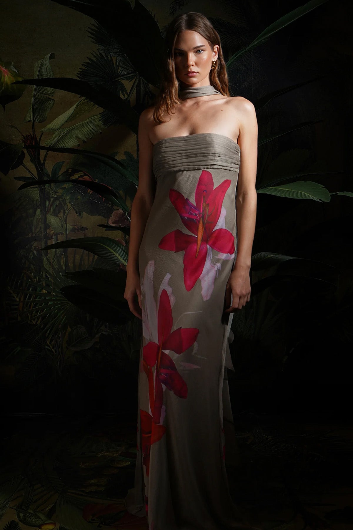 Amur Palma Verev Kesim Şal Detaylı Maxi Abiye Elbise