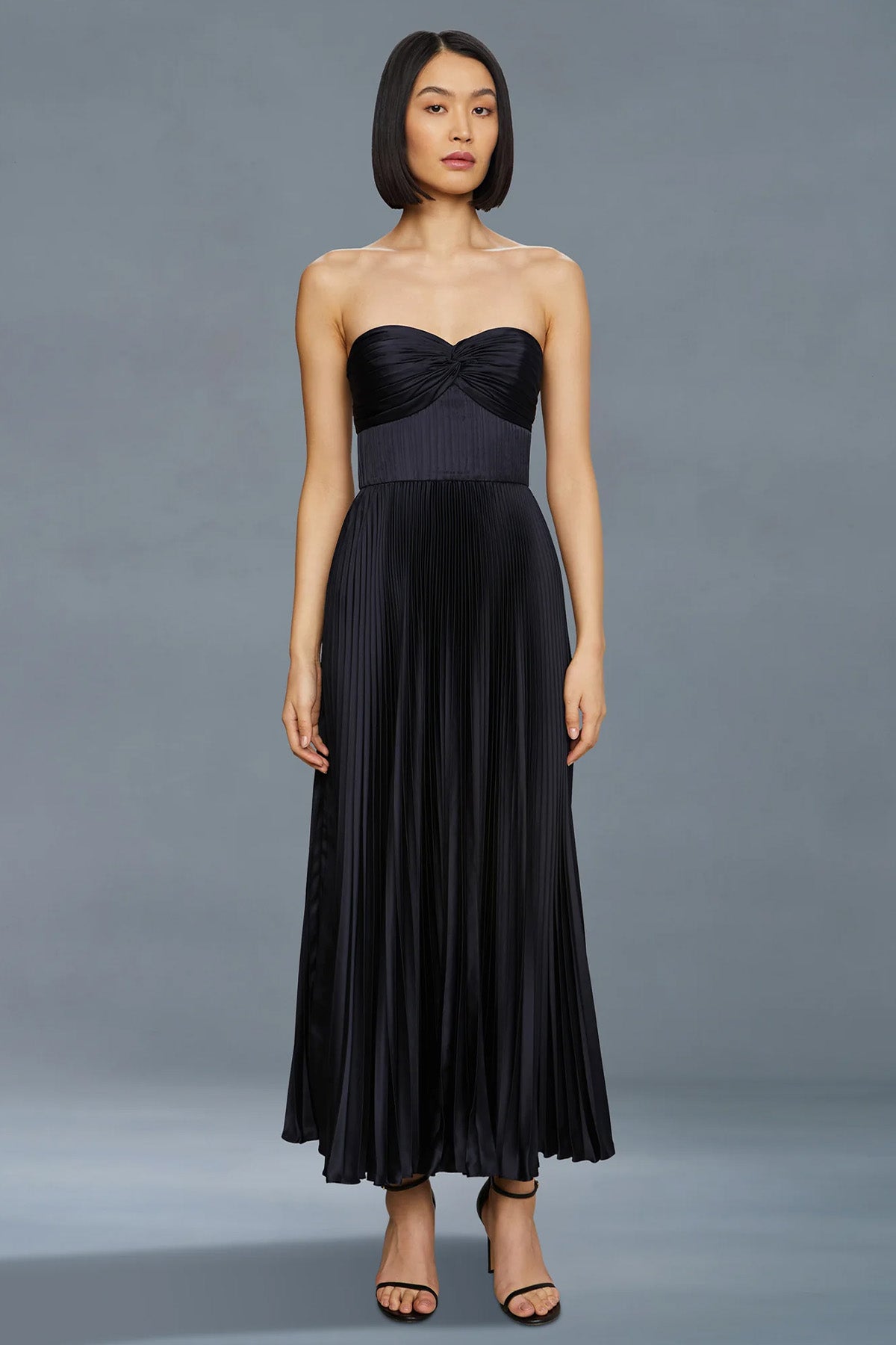 Amur Belle Straplez Pileli Midi Abiye Elbise