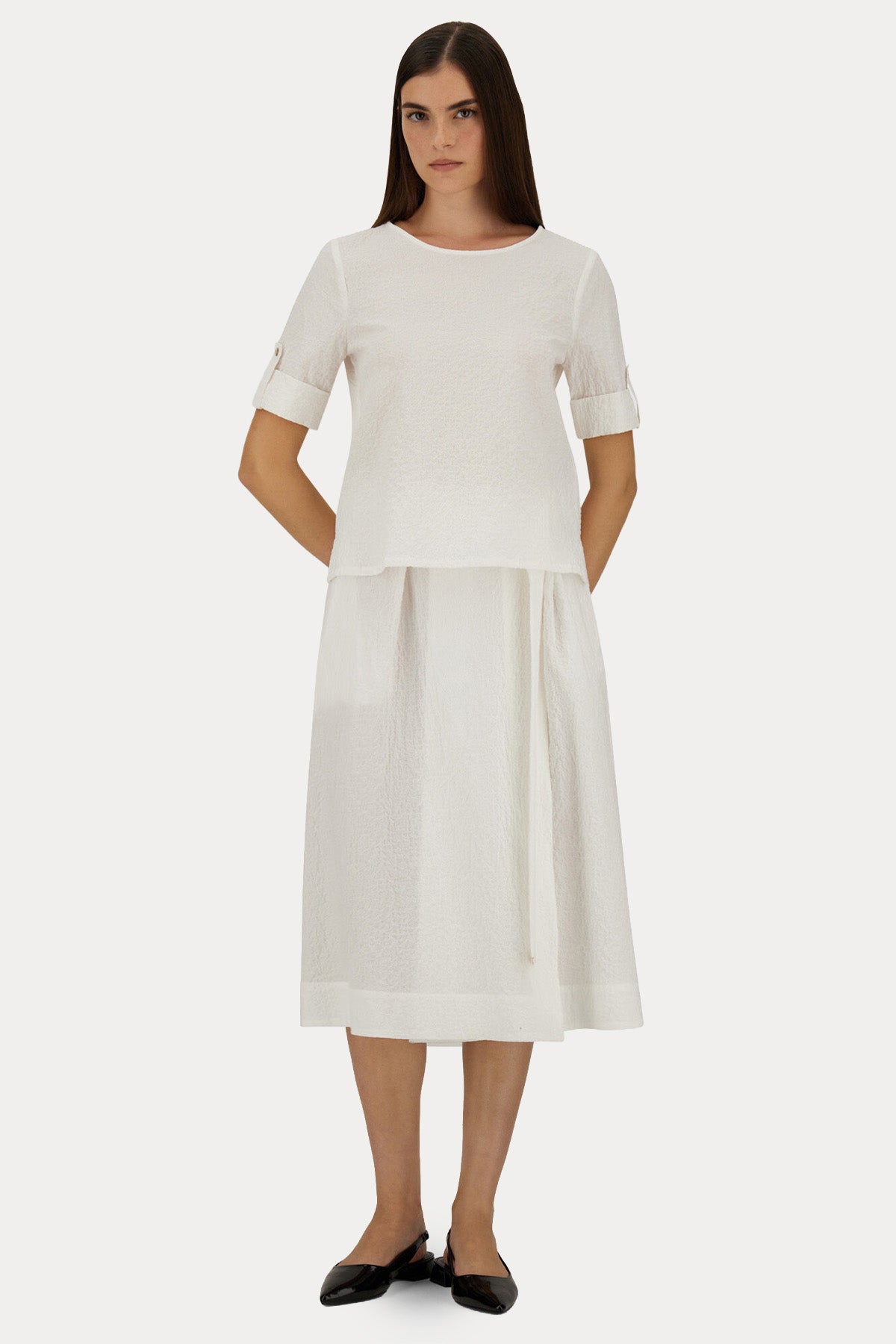 Herno Gofre Kumaş Tek Pile Kemerli Midi Etek