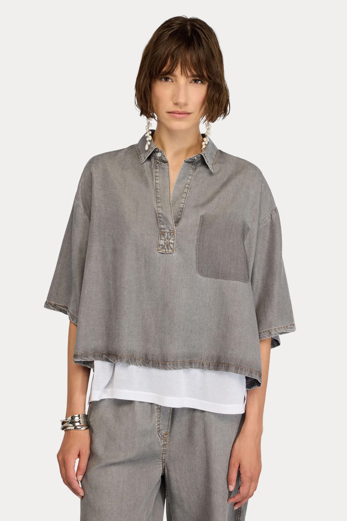Semicouture Relaxed Fit Polo Yaka Cep Detaylı T-shirt-T-shirt-Libas