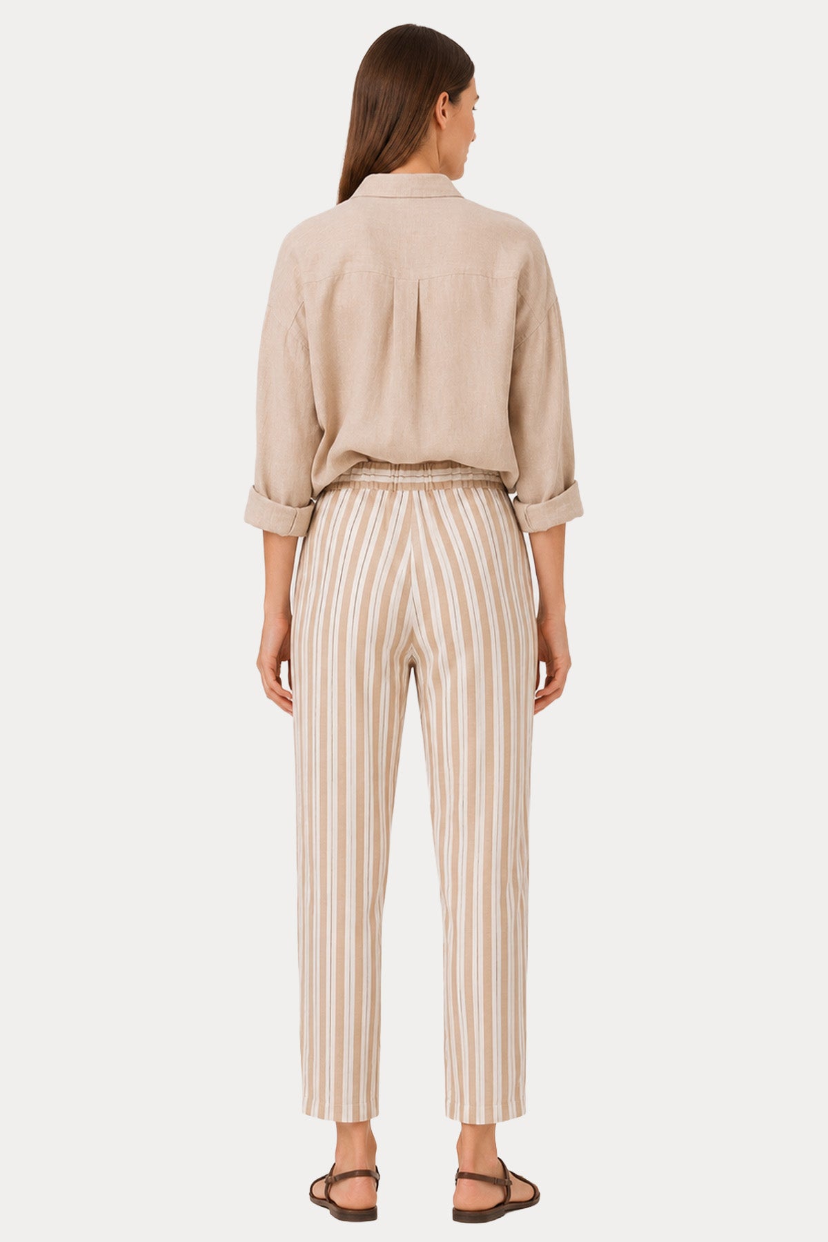 Semicouture Regular Fit Beli Lastikli Çizgili Keten Pantolon