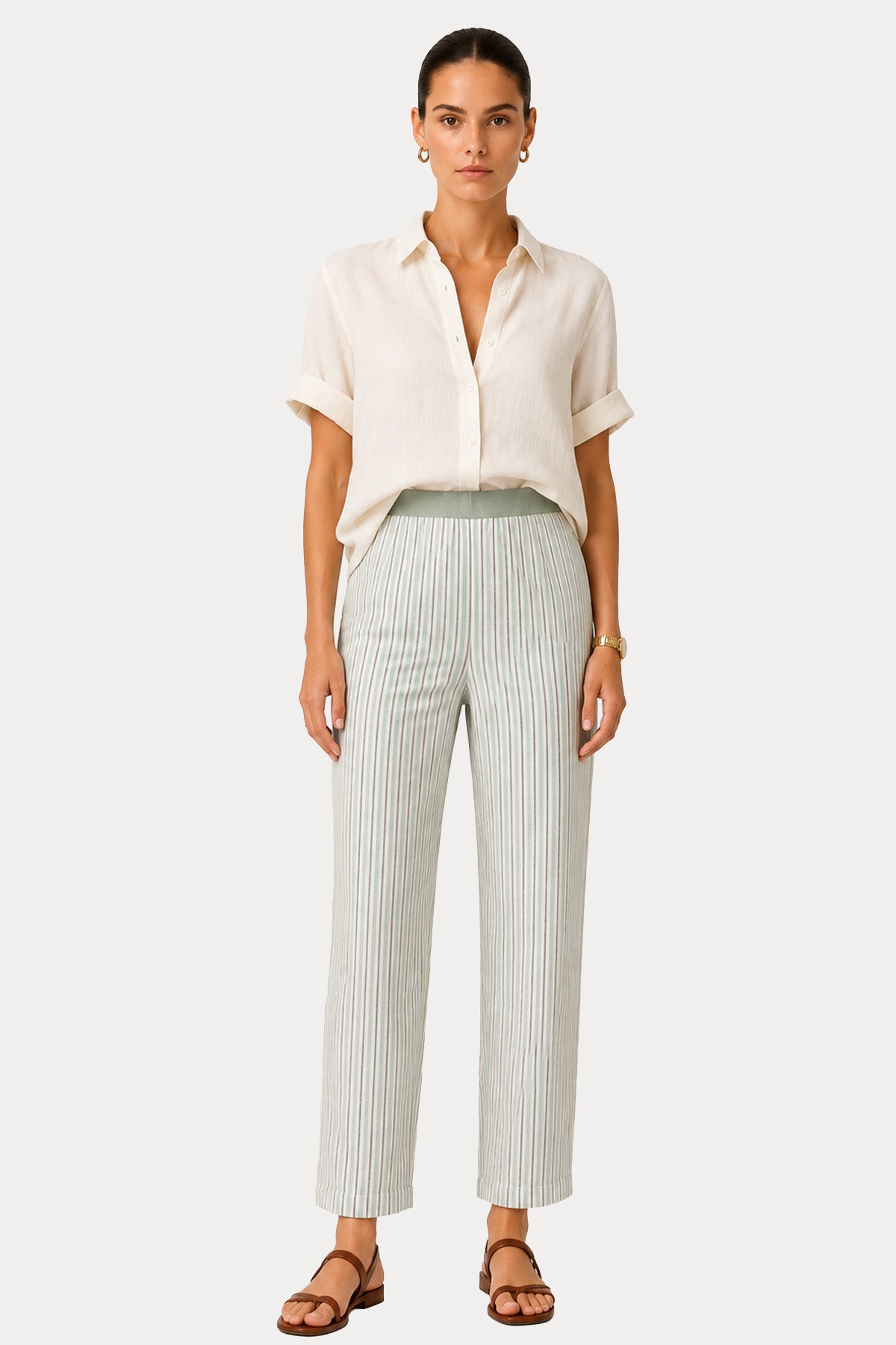 Semicouture Regular Fit Beli Lastikli Çizgili Keten Pantolon