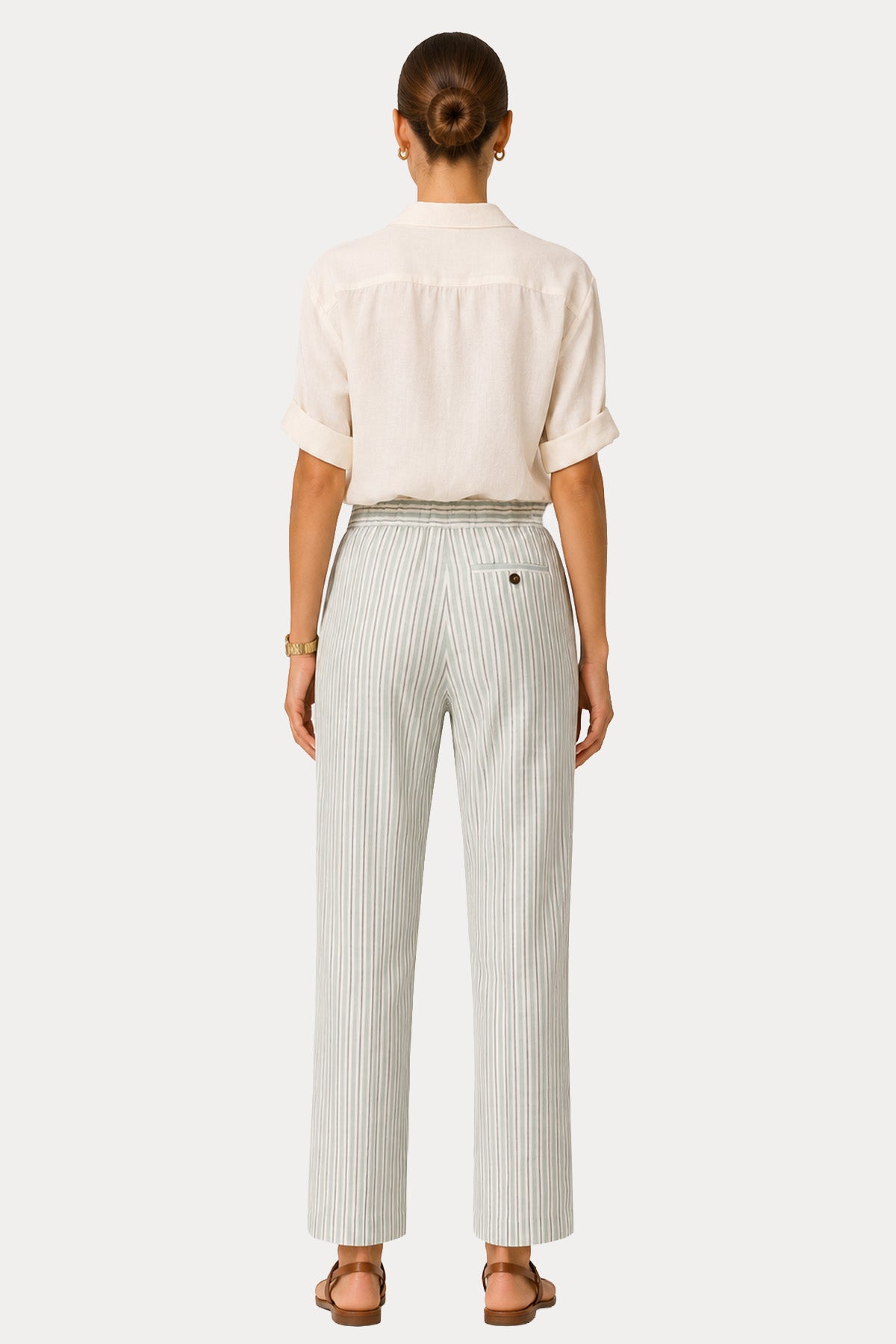 Semicouture Regular Fit Beli Lastikli Çizgili Keten Pantolon