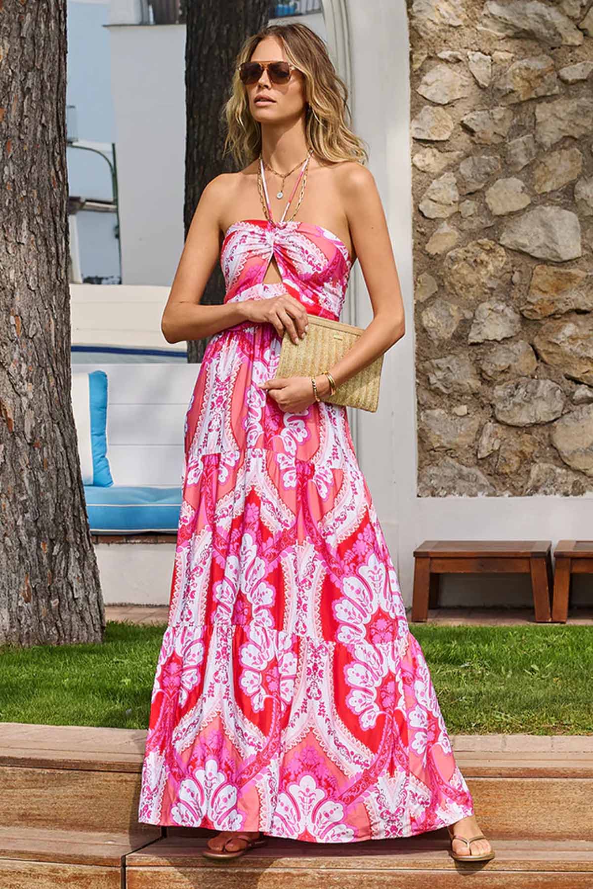 Melissa Odabash Faye Ornate Desenli Boyundan Bağlamalı Maxi Elbise