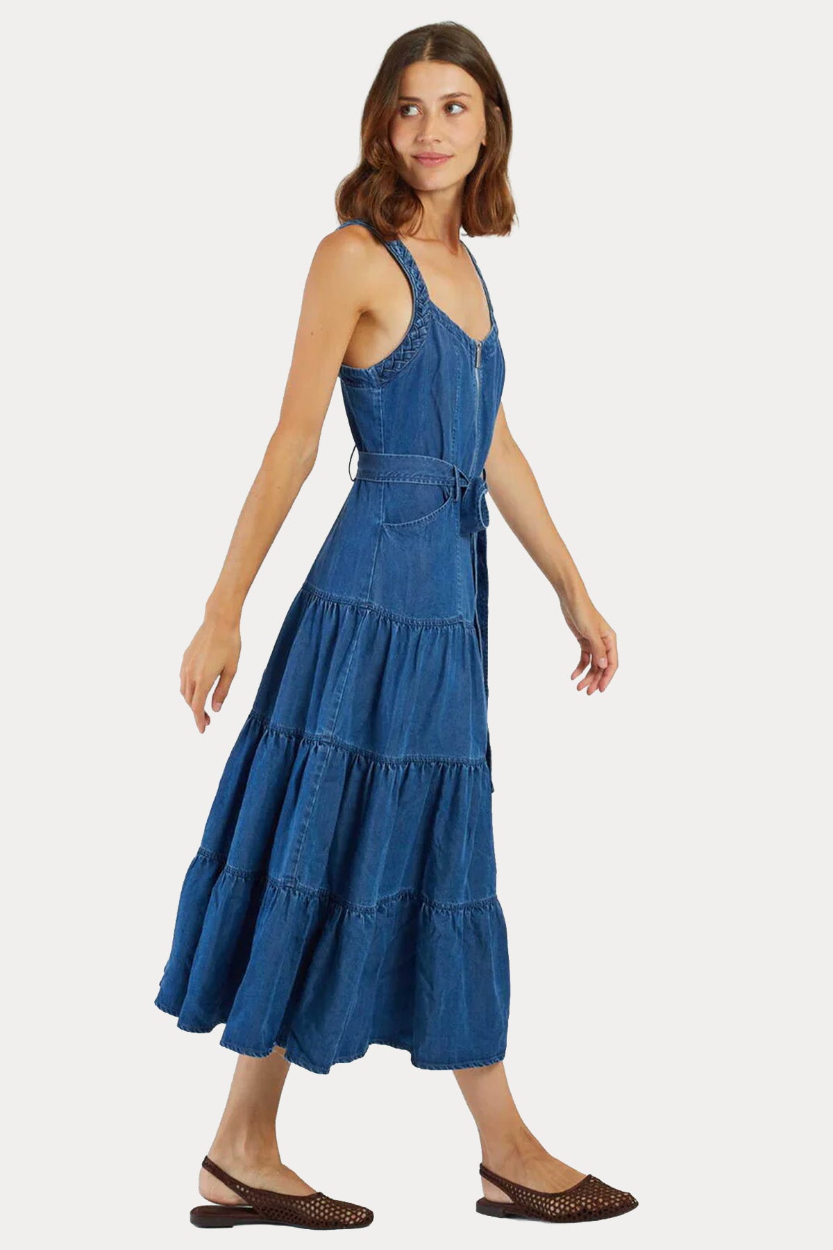 Rene Derhy Gilly Kemerli Denim Midi Elbise-Elbise-Libas
