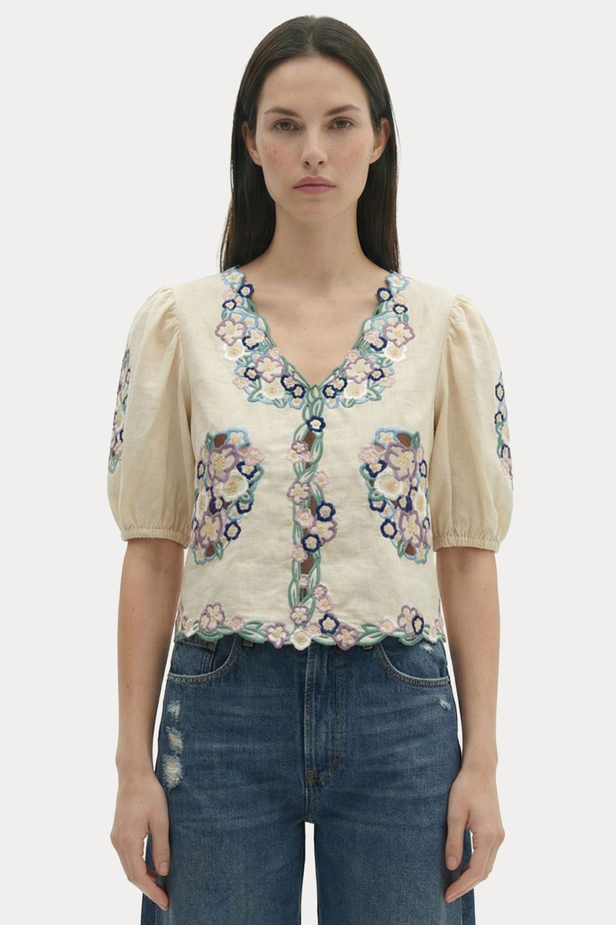 Berenice Regular Fit Nakış Desenli Keten Bluz