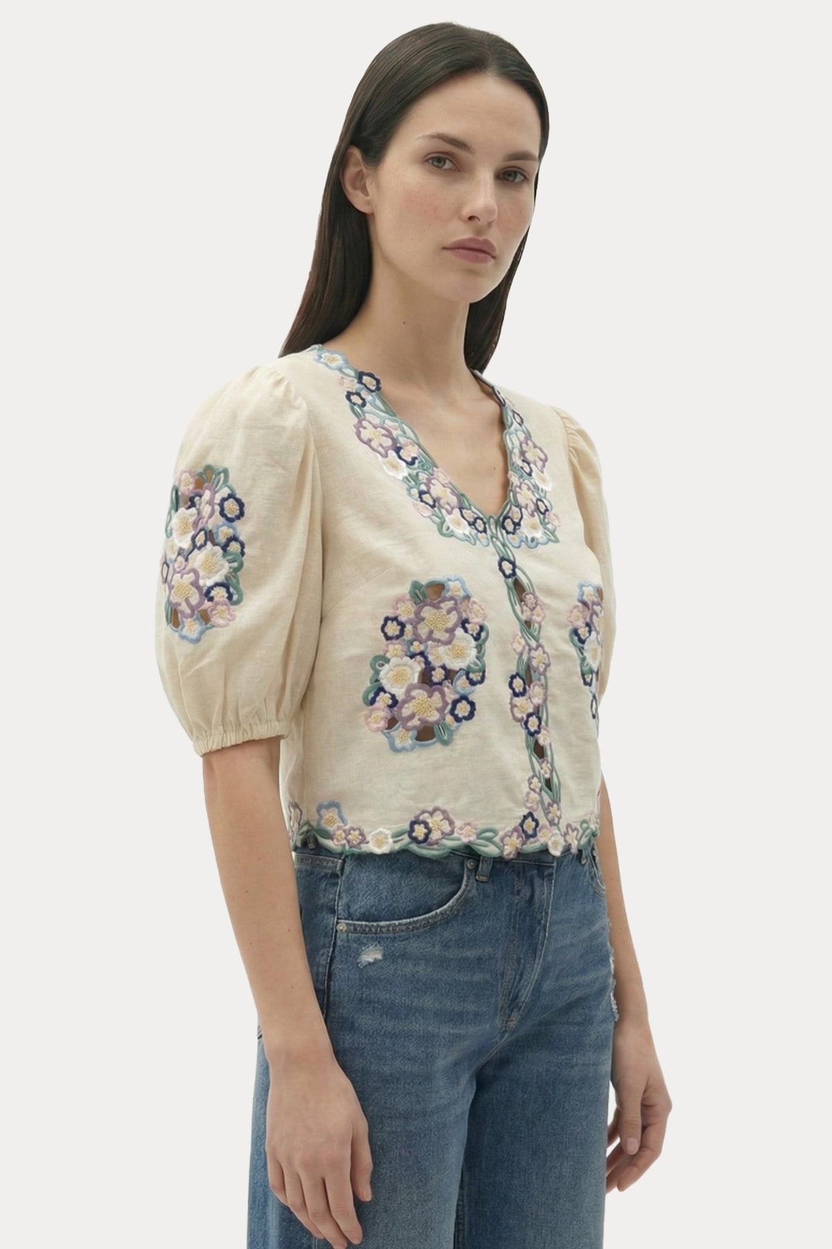 Berenice Regular Fit Nakış Desenli Keten Bluz