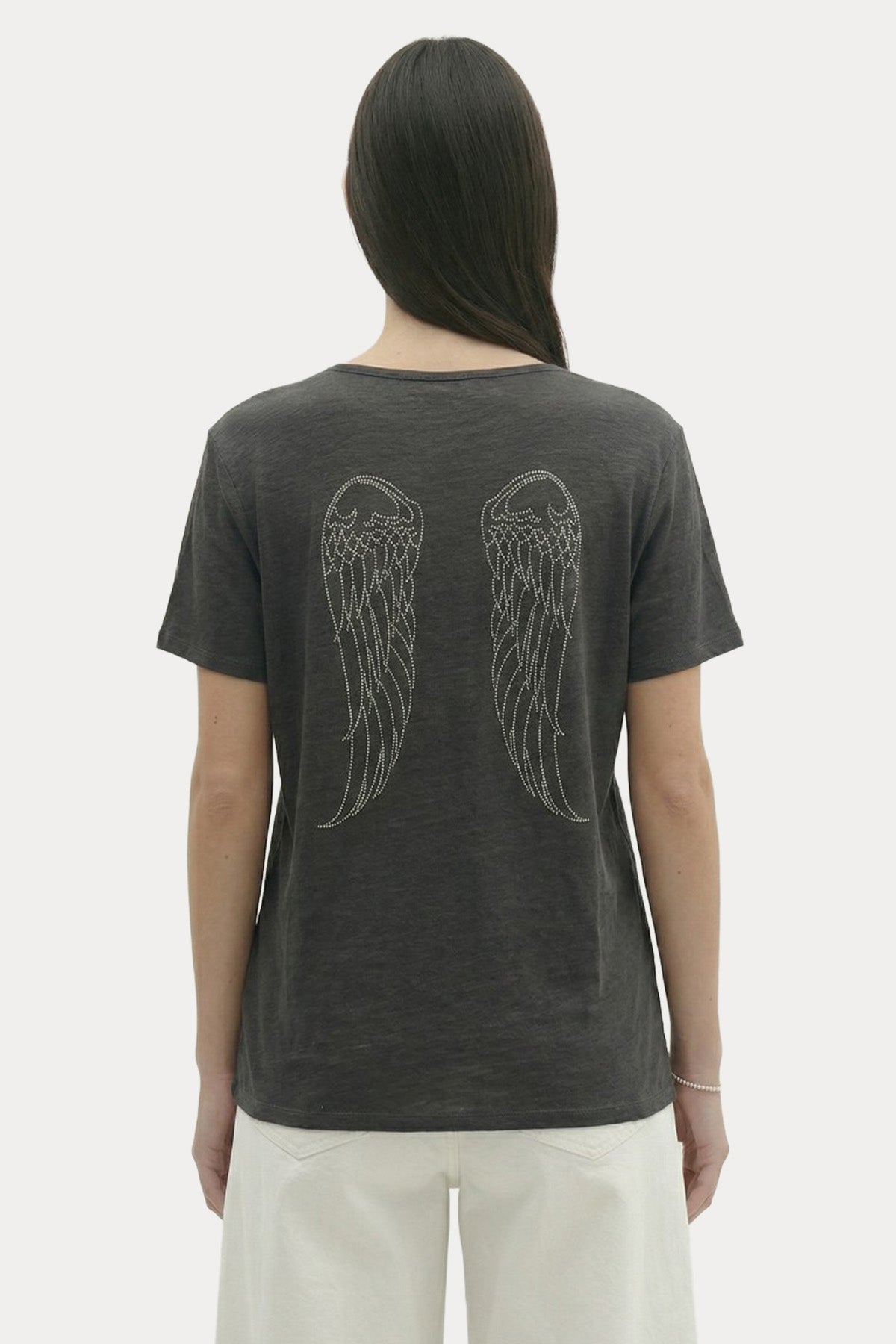 Berenice V Yaka Kanat Desenli Keten T-shirt