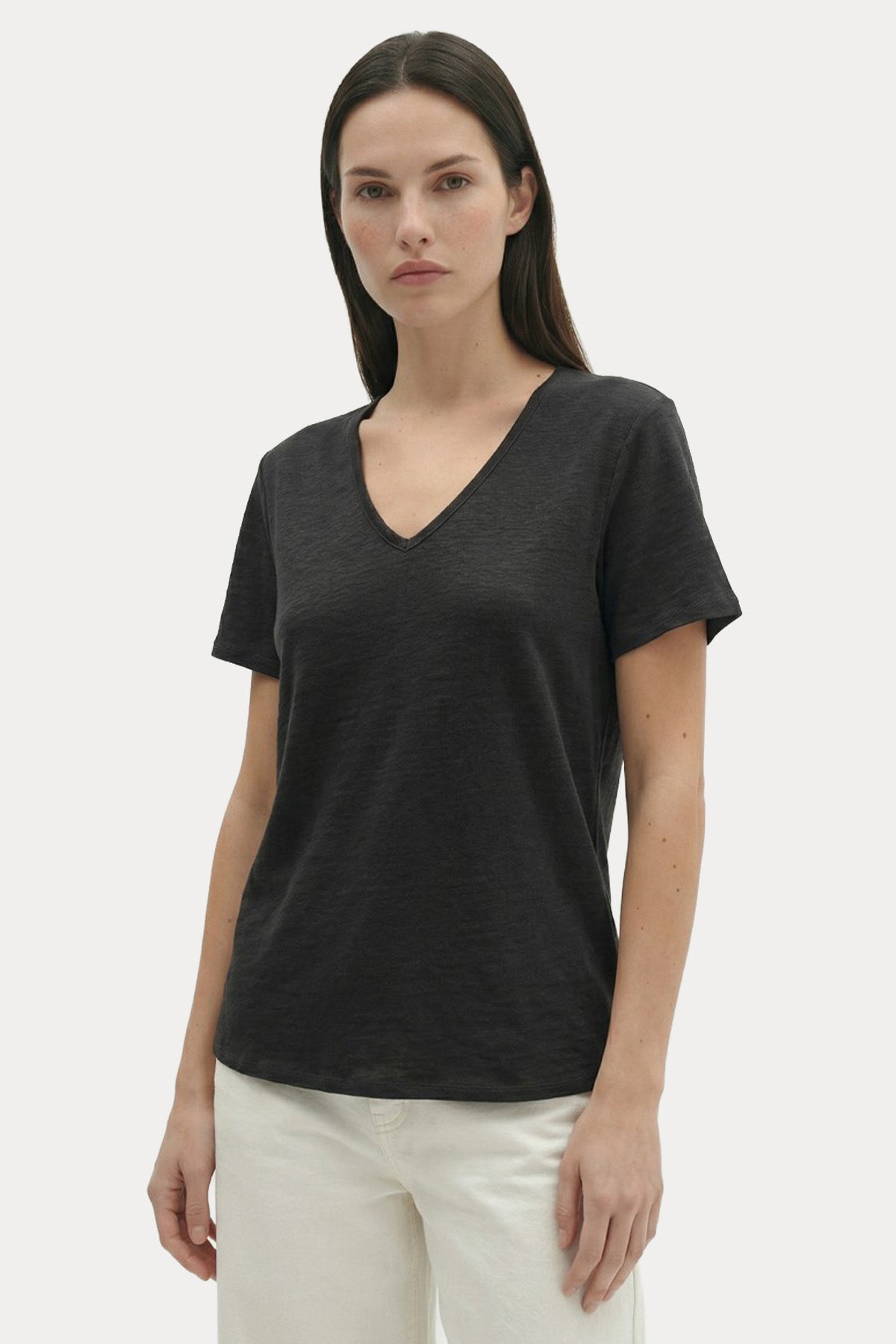 Berenice V Yaka Kanat Desenli Keten T-shirt