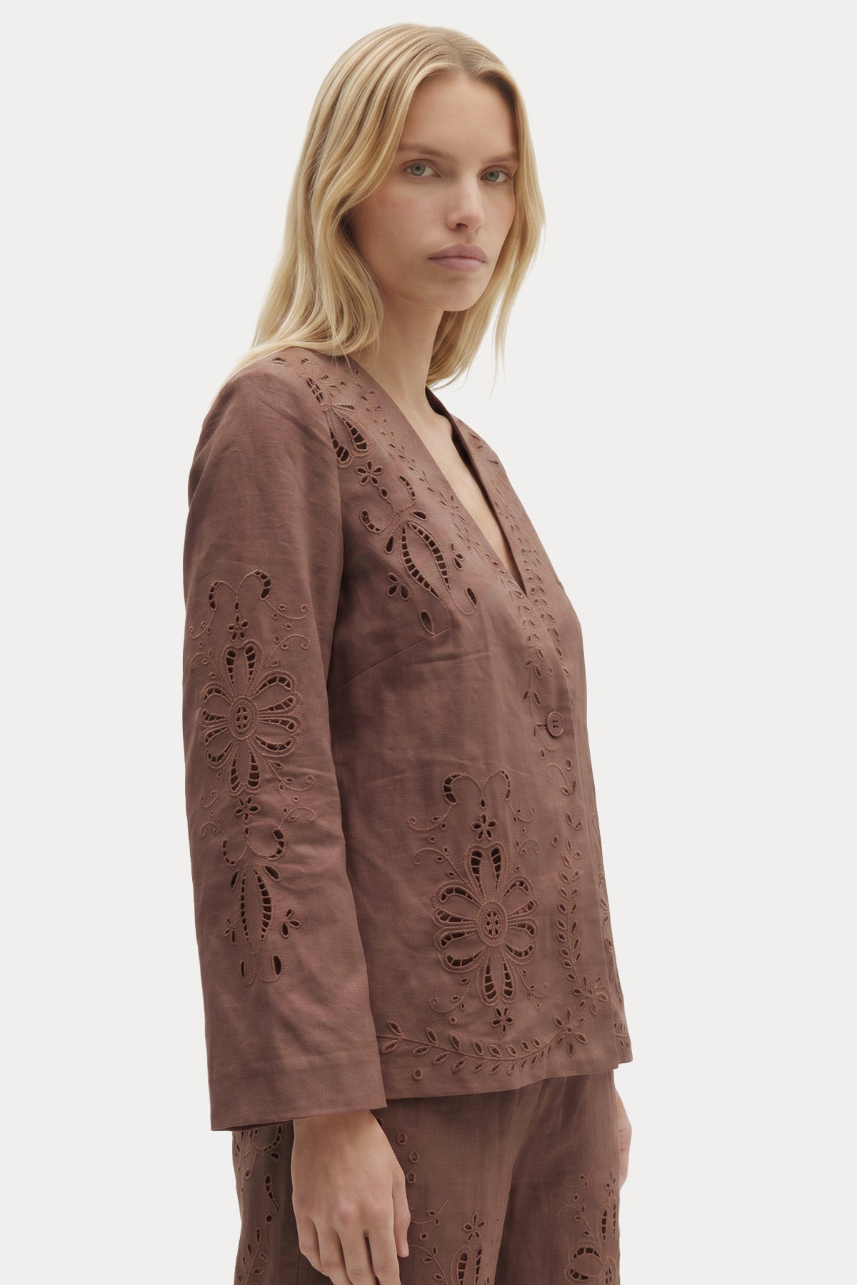 Berenice Relaxed Fit Nakış Çiçek Desenli Keten Blazer Ceket