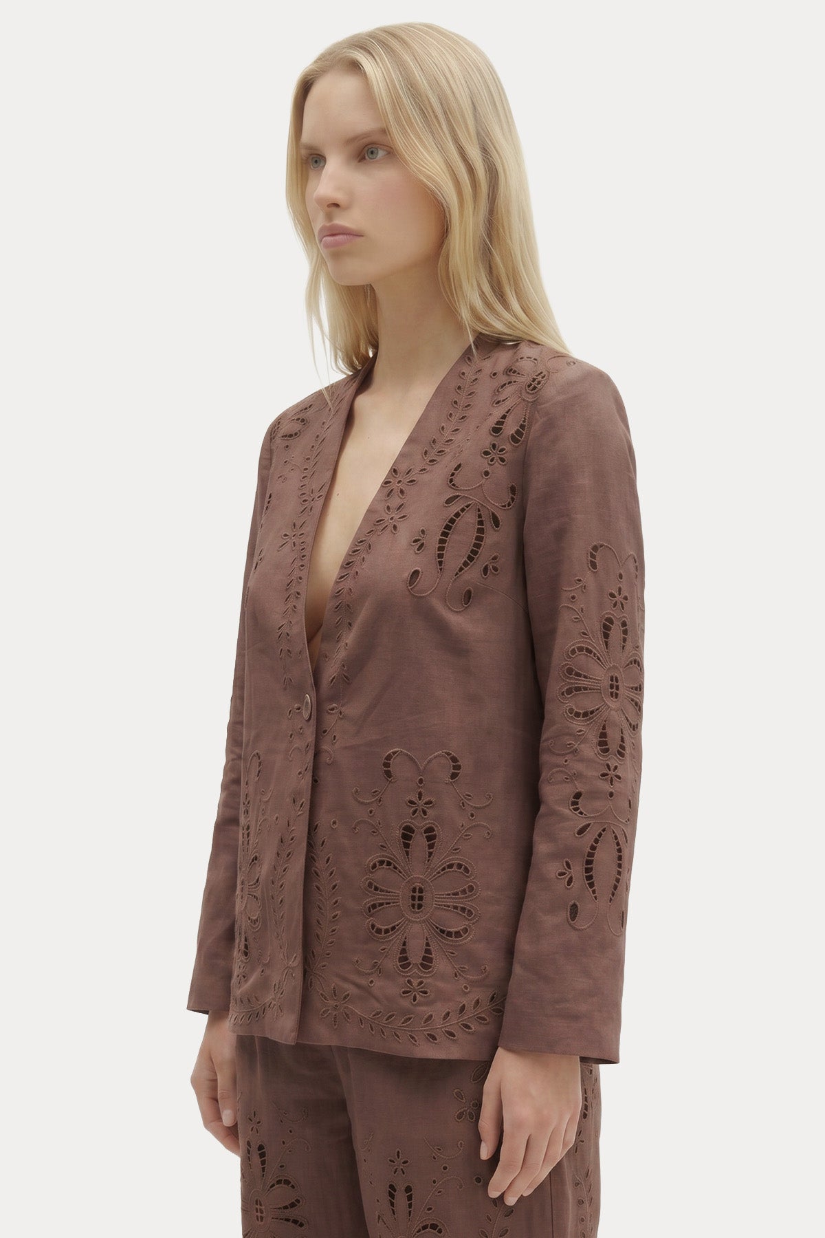Berenice Relaxed Fit Nakış Çiçek Desenli Keten Blazer Ceket