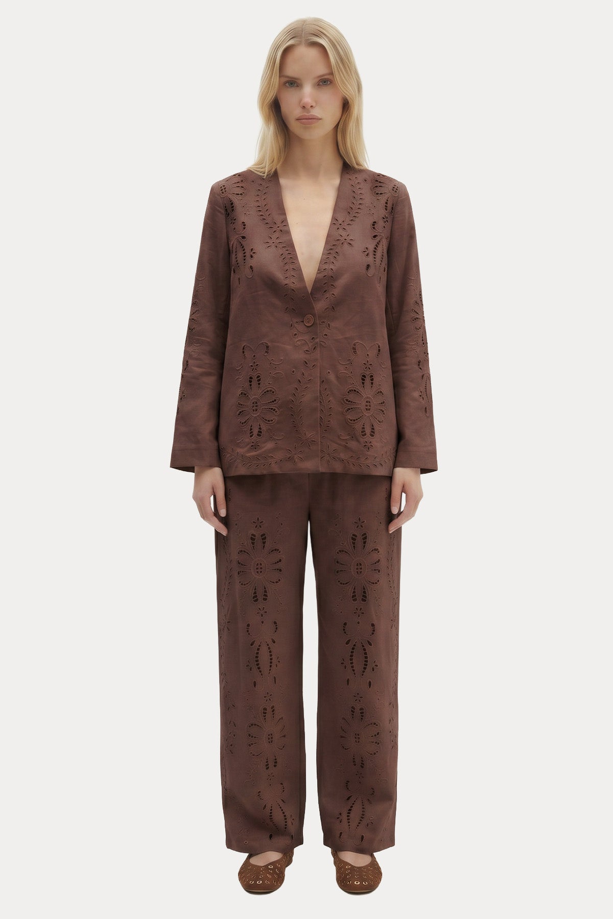 Berenice Relaxed Fit Nakış Çiçek Desenli Keten Blazer Ceket