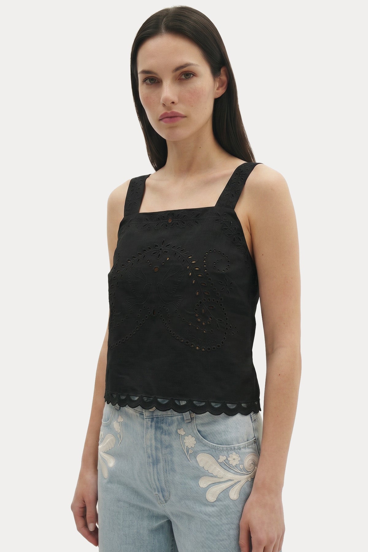 Berenice Regular Fit Nakış Desenli Crop Keten Bluz