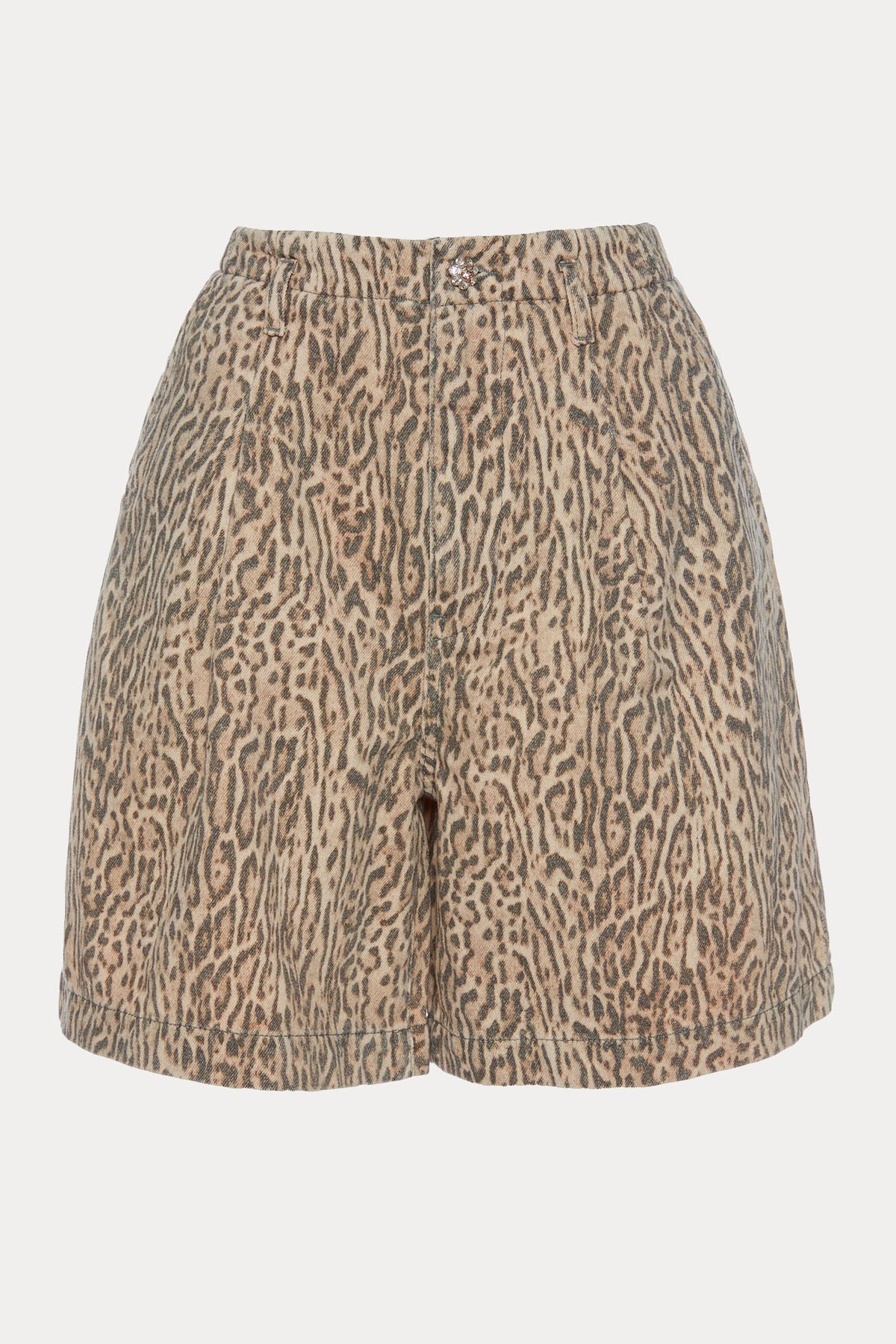 Bsb Yüksek Bel Leopar Desenli Denim Şort