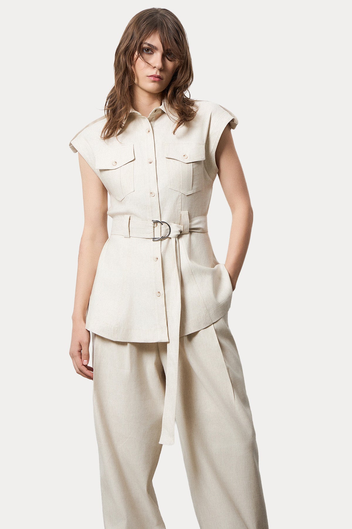 Bsb Relaxed Fit Kemerli Keten Safari Gömlek