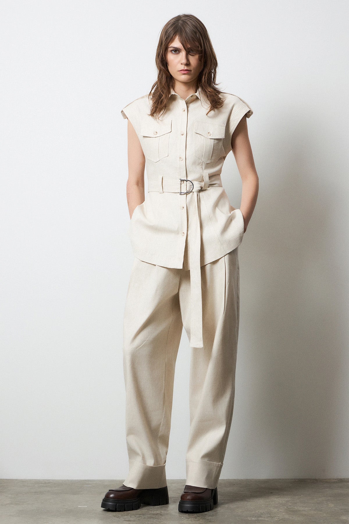 Bsb Relaxed Fit Kemerli Keten Safari Gömlek