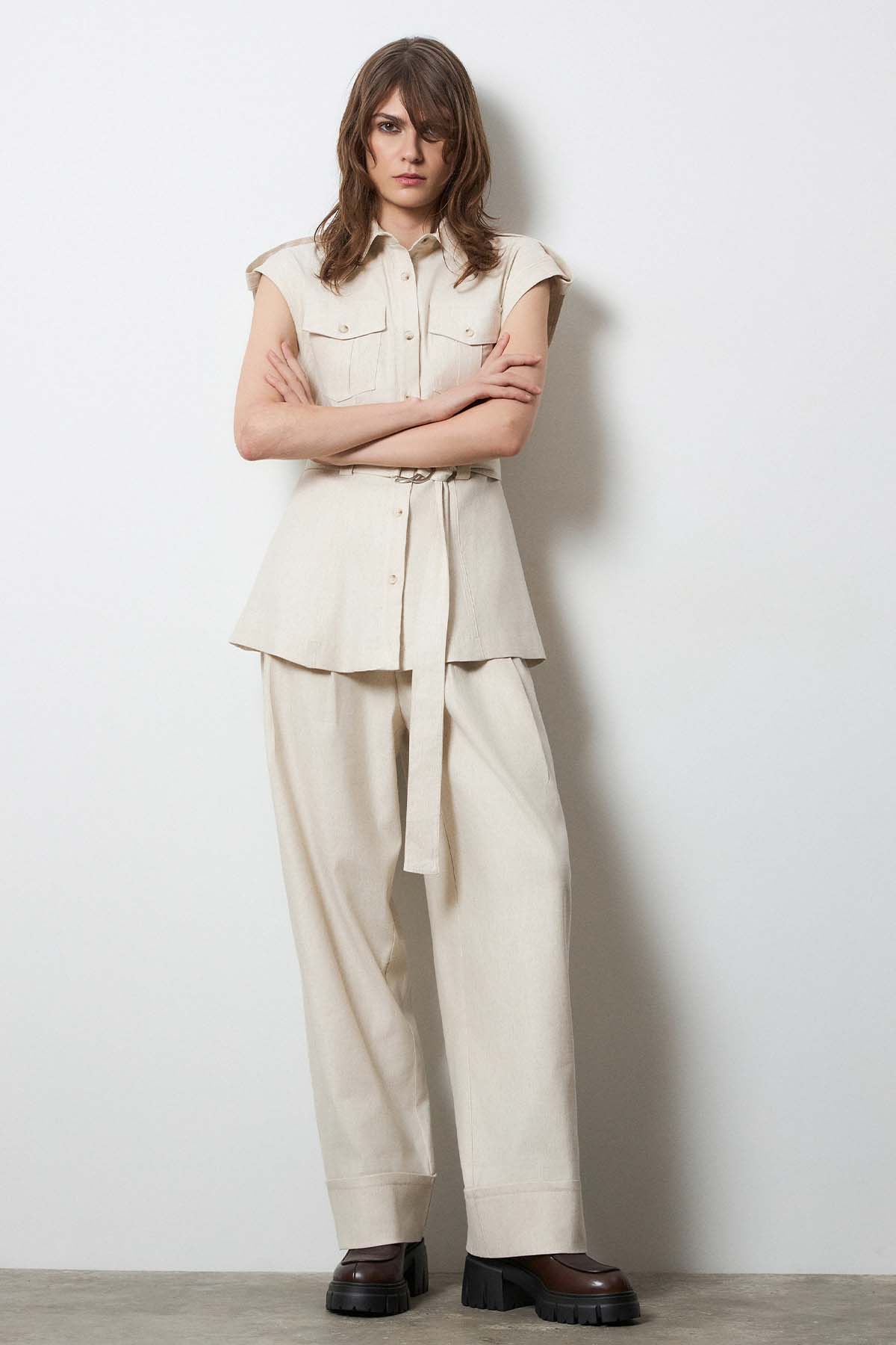 Bsb Relaxed Fit Çift Pile Kalın Duble Paça Keten Pantolon