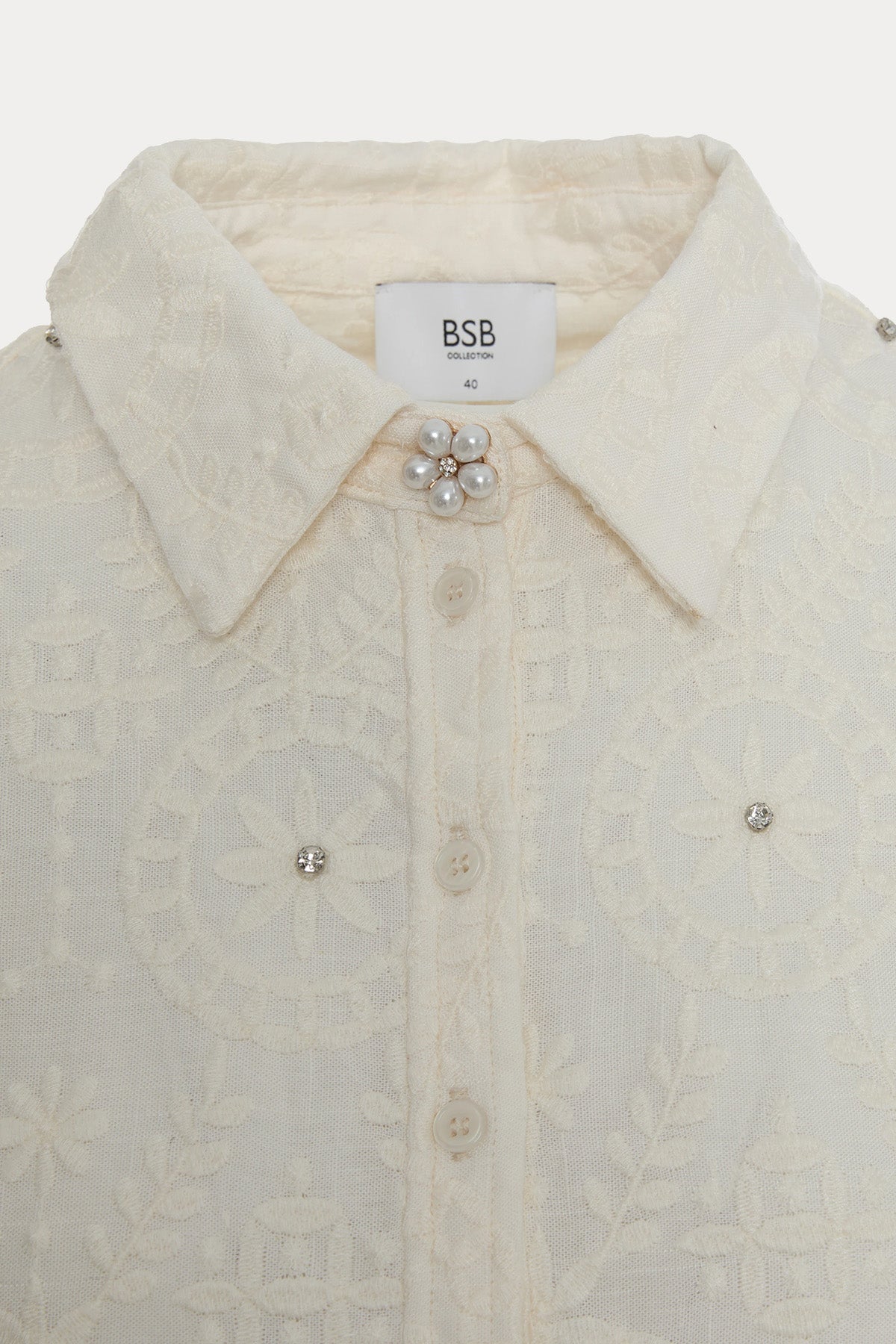 Bsb Regular Fit Nakış Desenli Crop Keten Gömlek-Gömlek-Libas