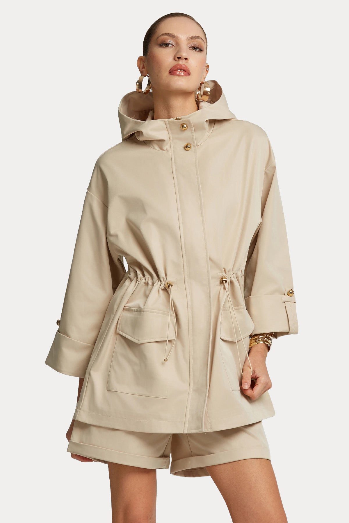 Lynne Relaxed Fit Kapüşonlu Belden Büzgülü Trençkot