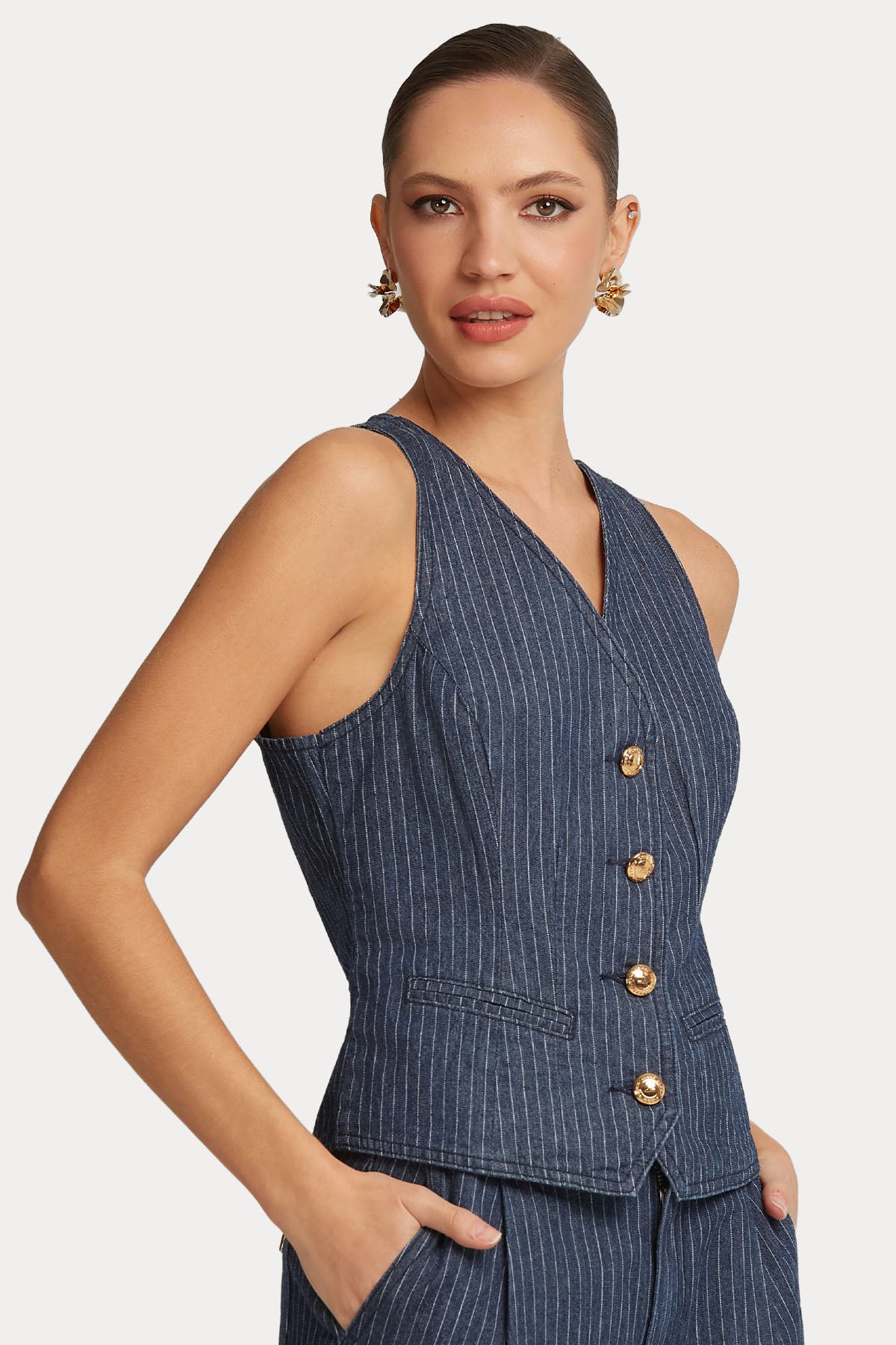 Lynne Slim Fit Çizgili Streç Denim Yelek