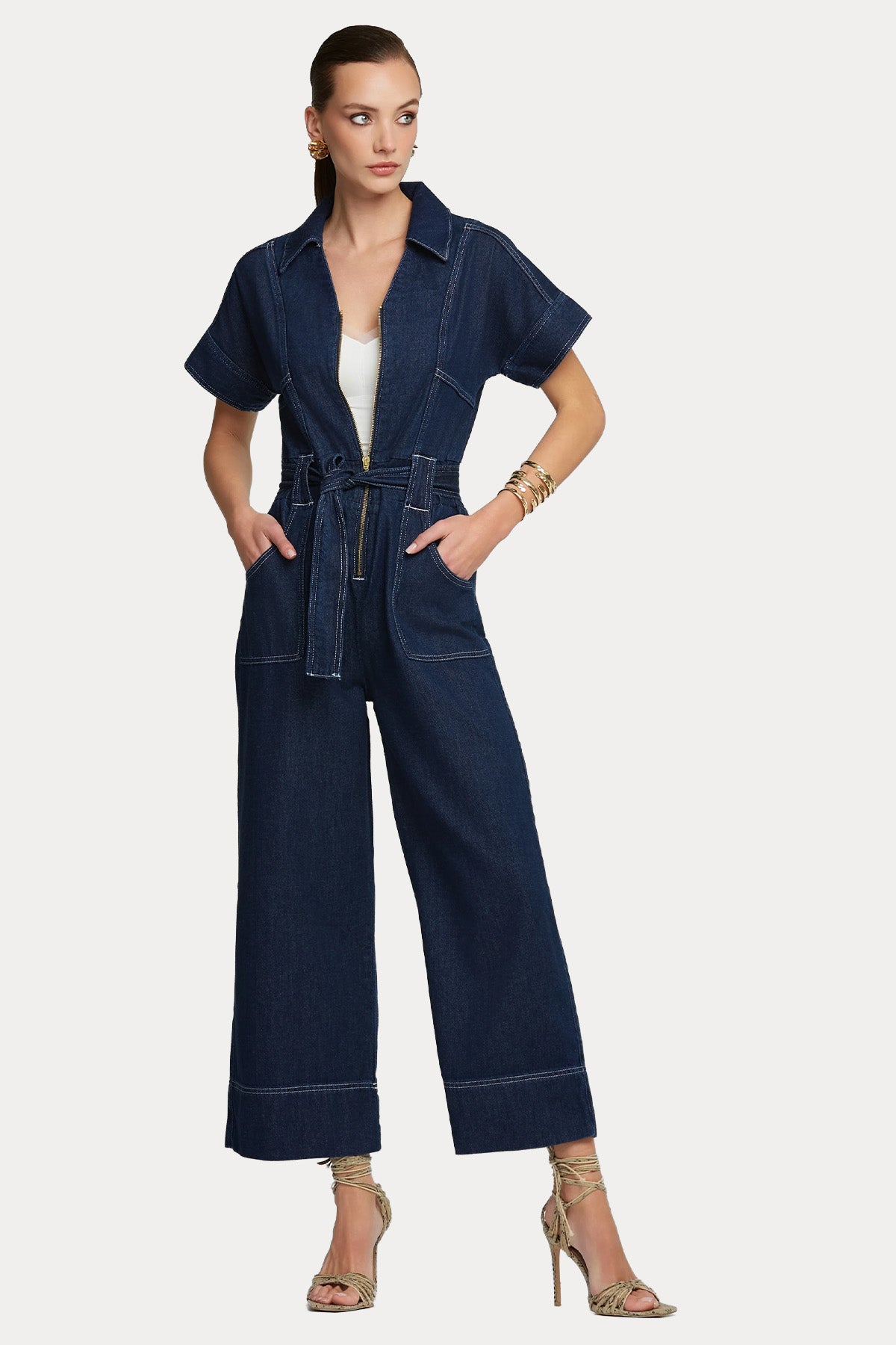 Lynne Fermuarlı Kemerli Denim Tulum-Tulum-Libas