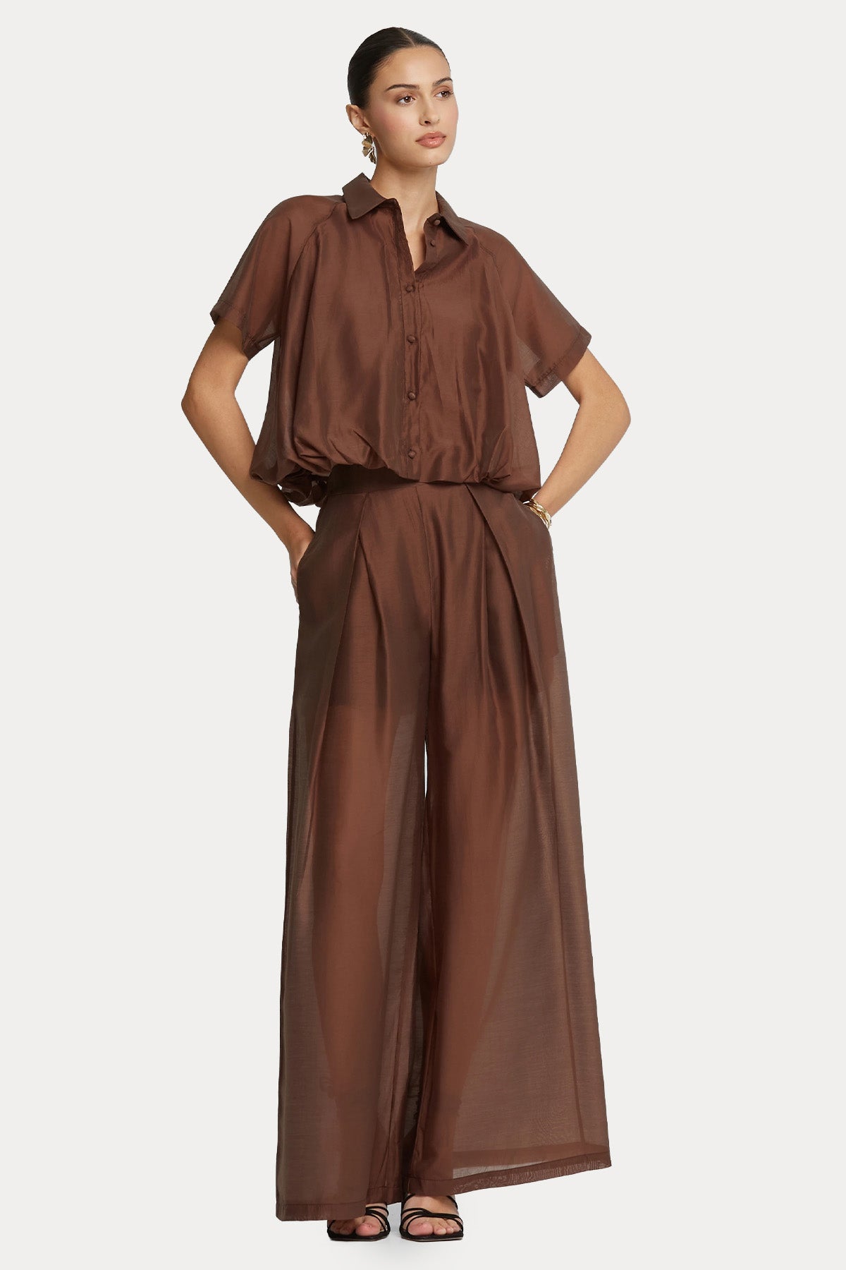 Lynne Relaxed Fit Yarım Astar Beli Lastikli Transparan Pantolon-Pantolon-Libas