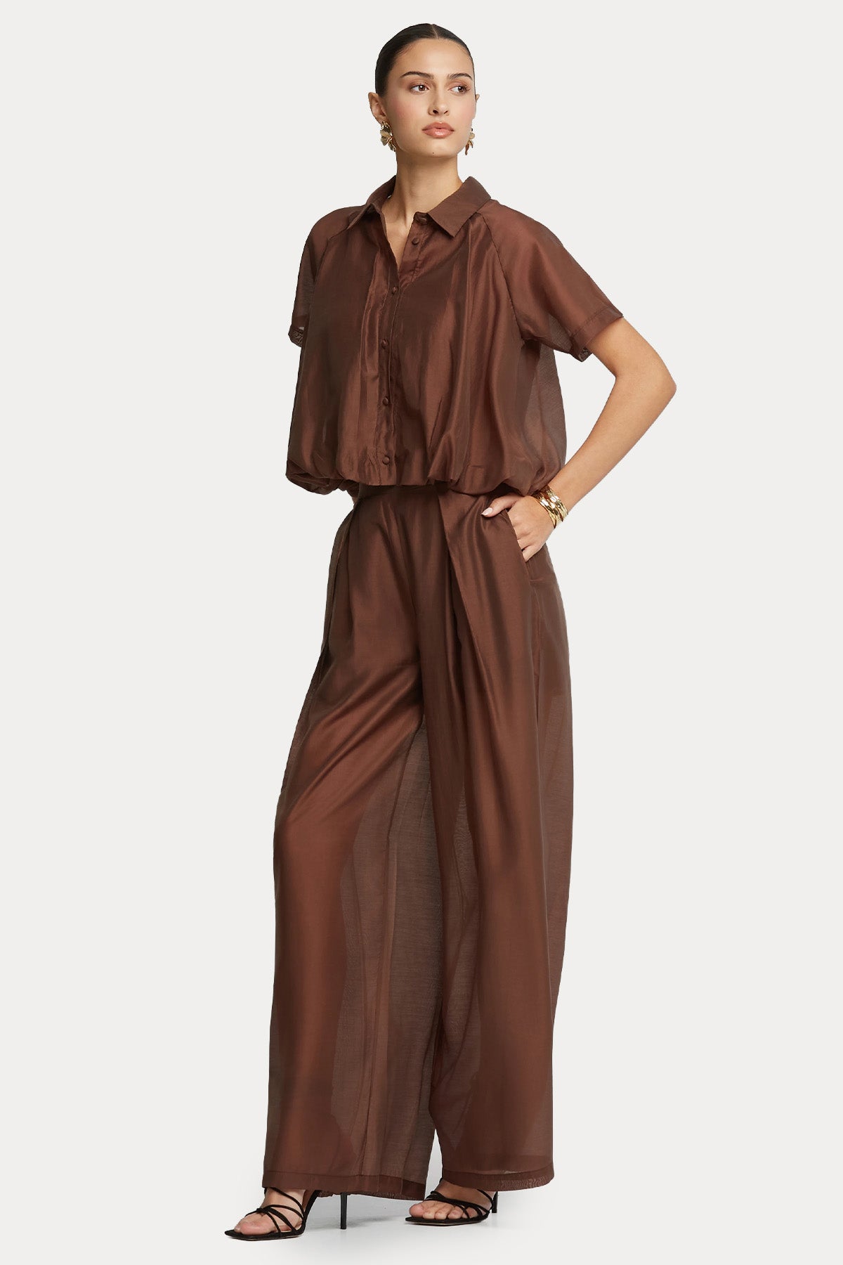 Lynne Relaxed Fit Yarım Astar Beli Lastikli Transparan Pantolon-Pantolon-Libas