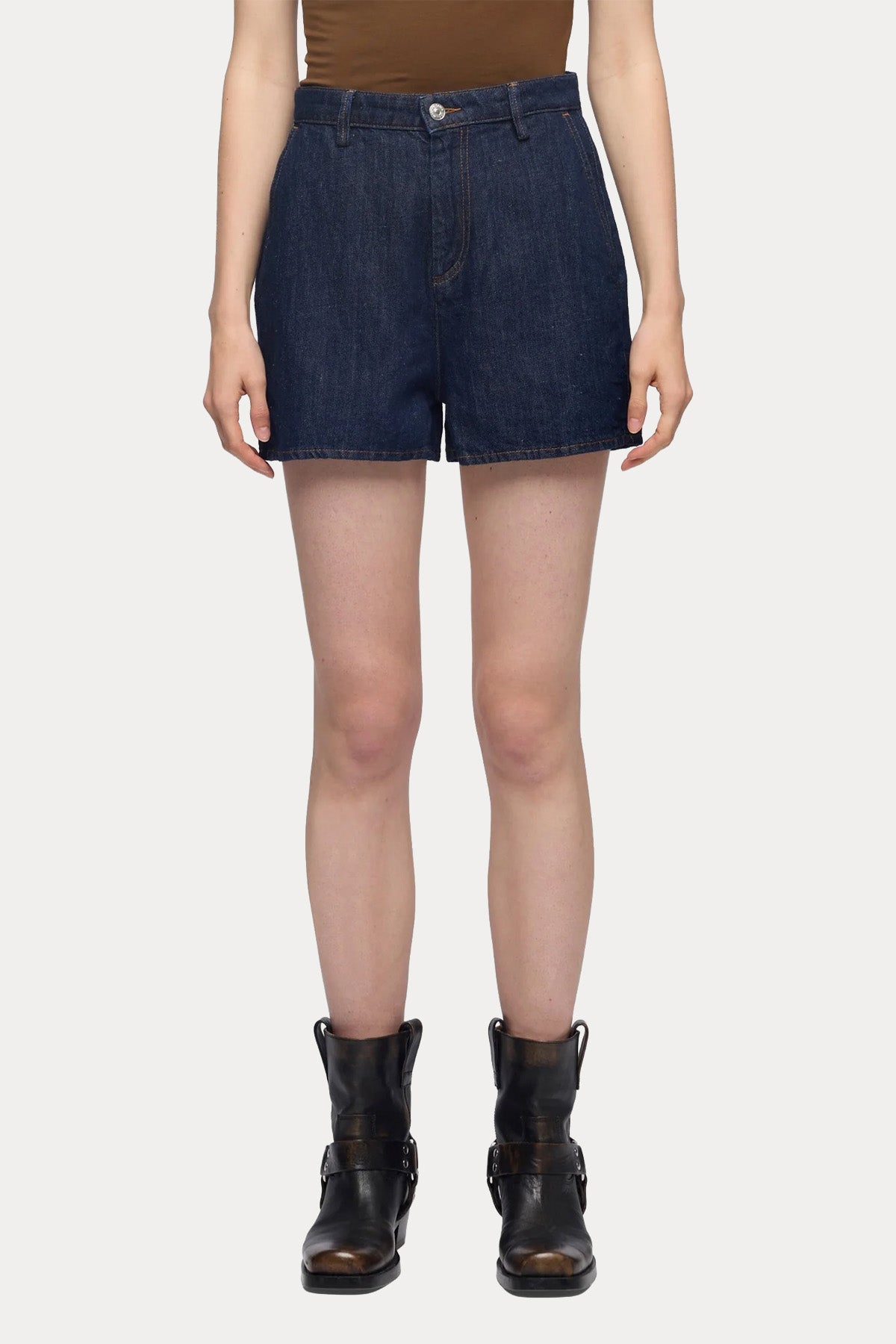 7 For All Mankind Relaxed Fit Keten Denim Yıkamalı Mini Şort-Şort-Libas