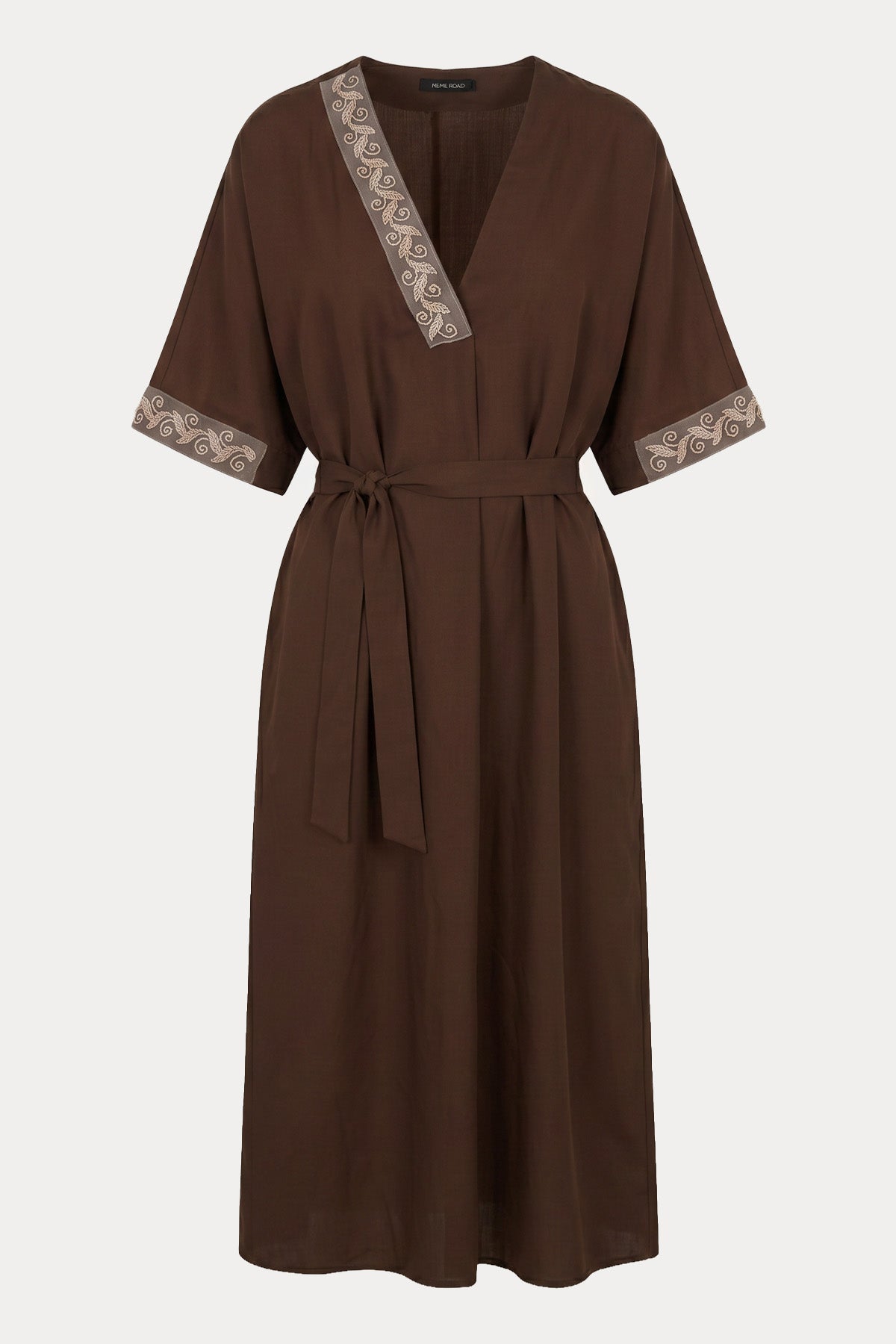 Hanita Relaxed Fit Kemerli Midi Keten Elbise