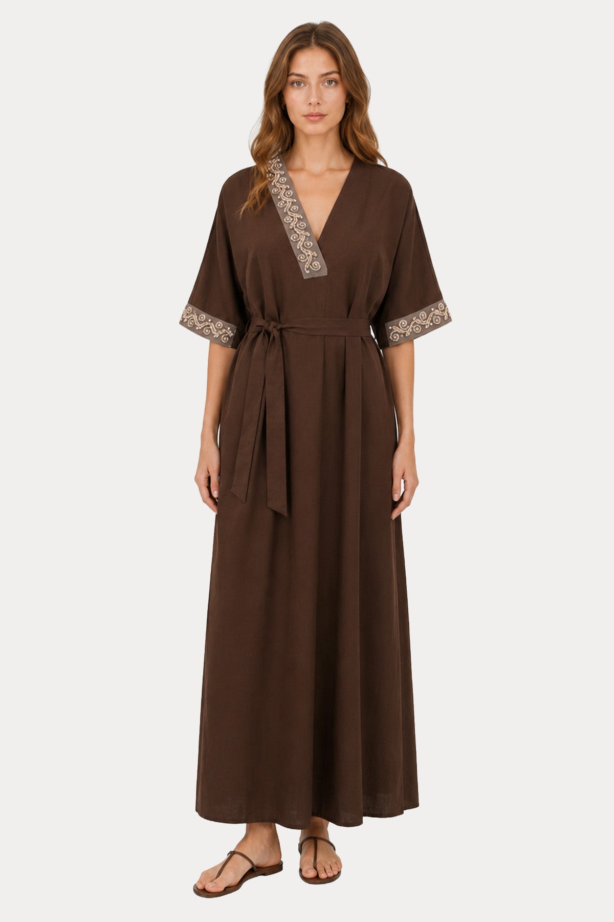 Hanita Relaxed Fit Kemerli Midi Keten Elbise