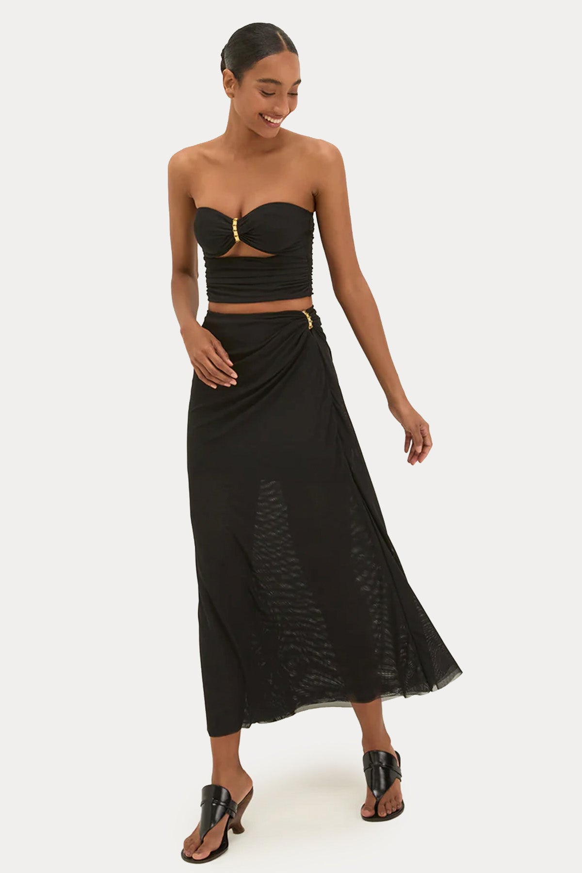 Vix Solid Drapeli Straplez Bluz Etek Set