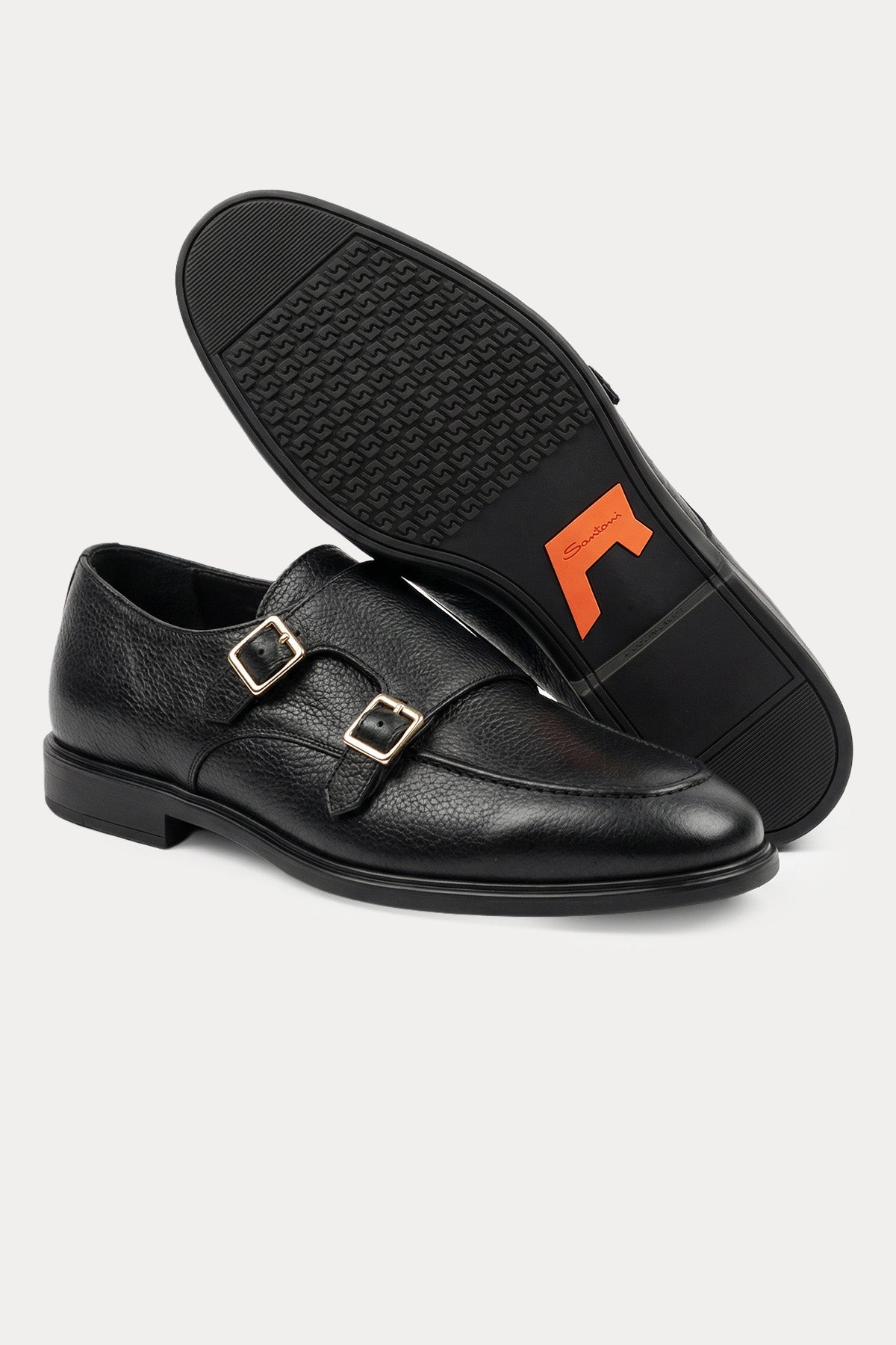 Santoni Çift Tokalı Deri Loafer Ayakkabı