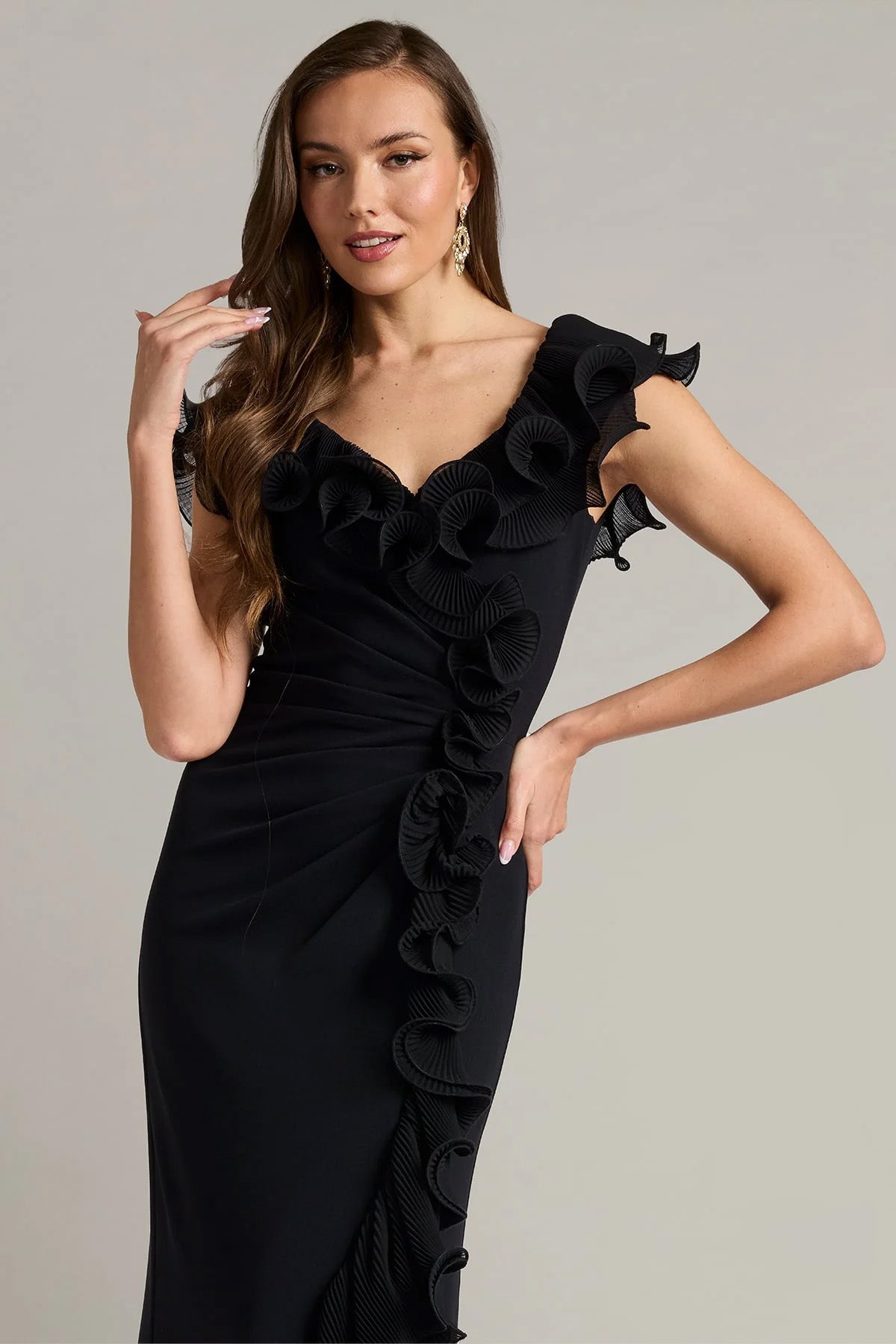 Tadashi Shoji Slim Fit Volan Detaylı Maxi Abiye Elbise