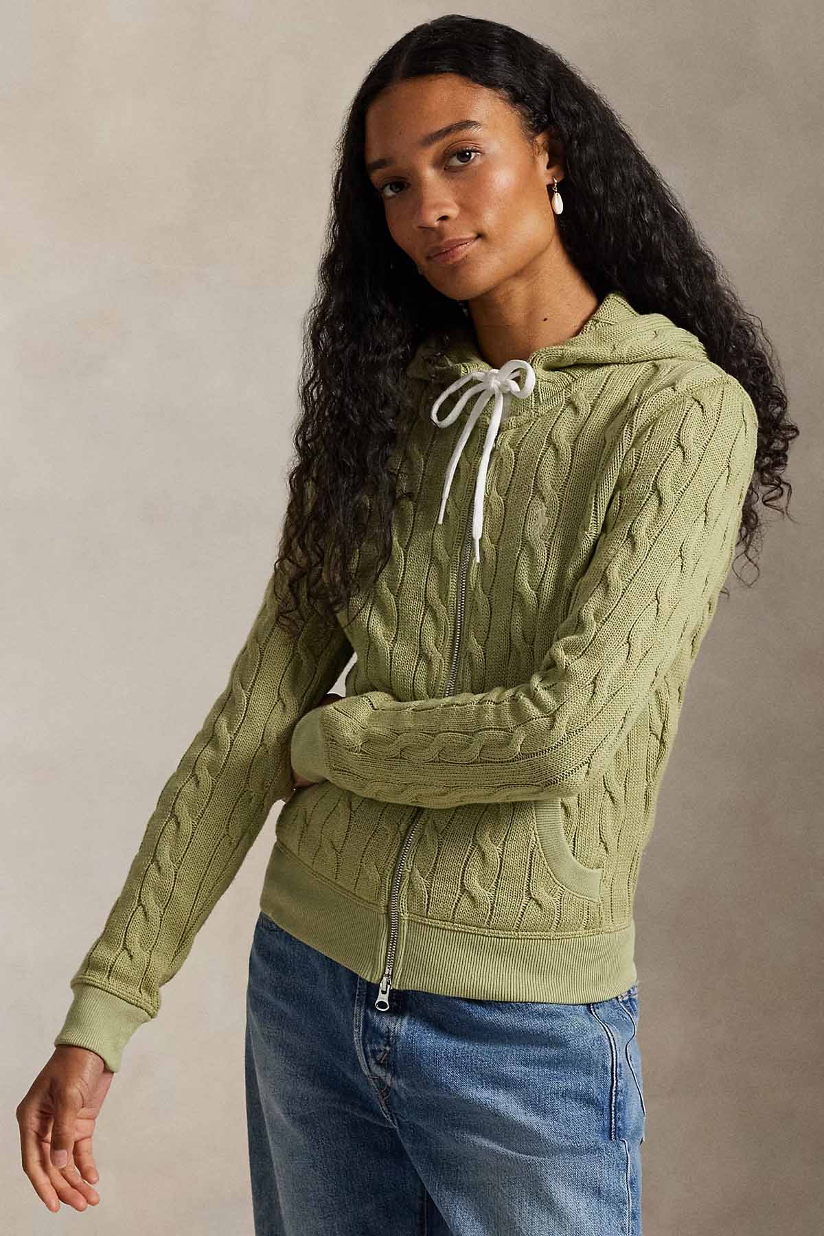 Polo Ralph Lauren Kapüşonlu Saç Örgü Triko Ceket