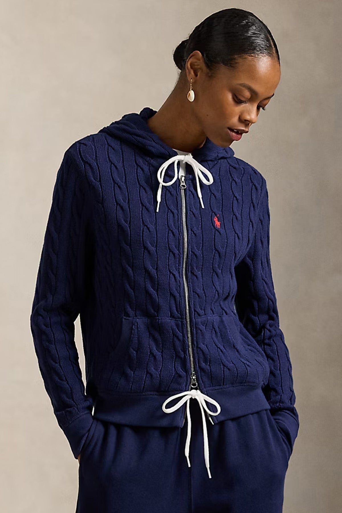 Polo Ralph Lauren Kapüşonlu Saç Örgü Triko Ceket