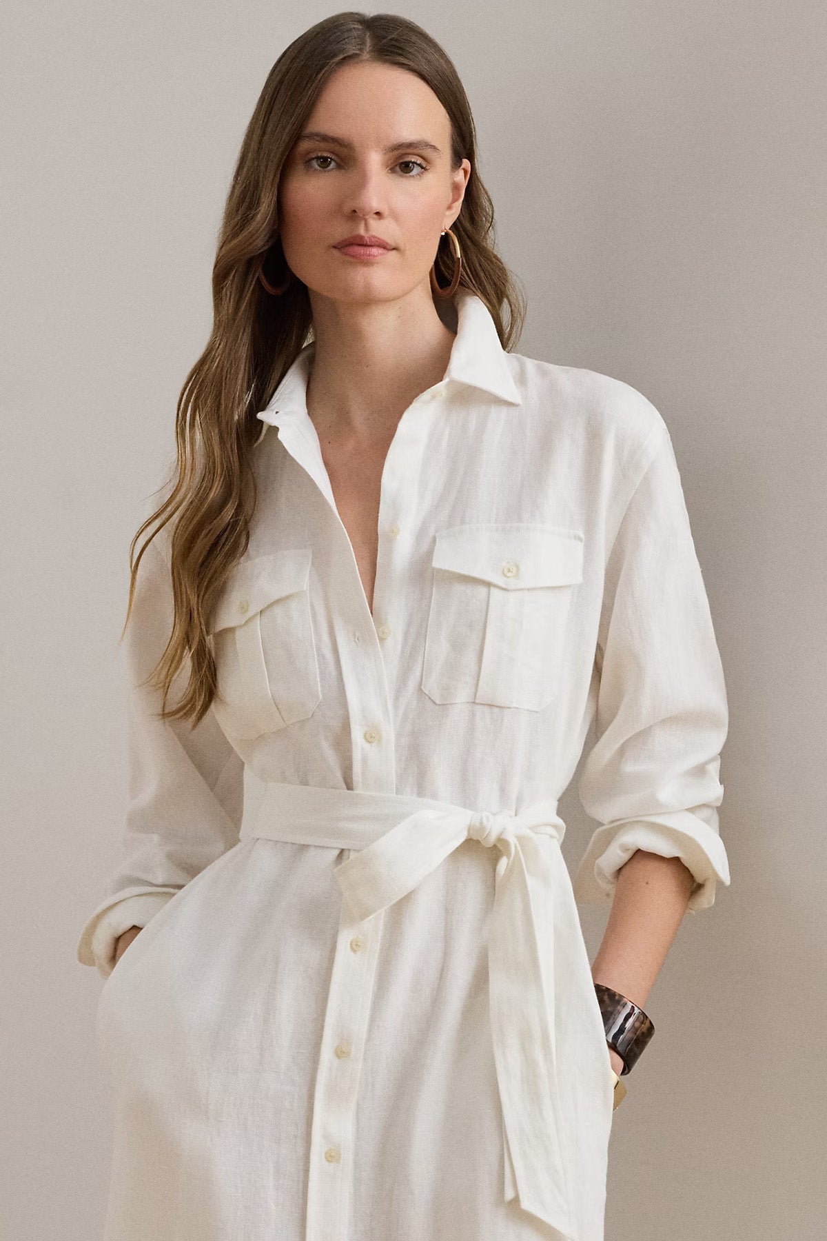 Polo Ralph Lauren Kemerli Midi Keten Gömlek Elbise-Elbise-Libas